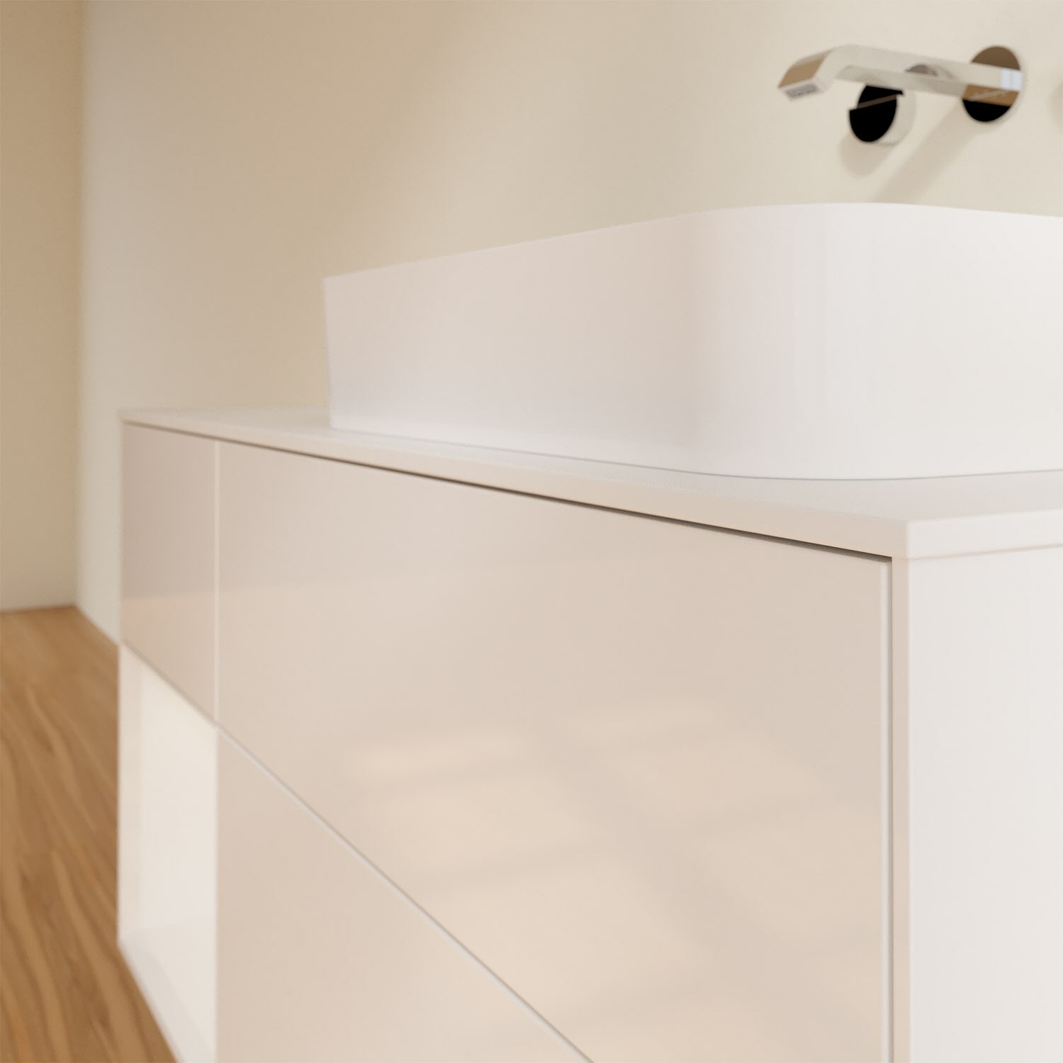 Villeroy & Boch Finion Waschtischunterschrank 120 cm mit Regalelement links und Abdeckplatte, mit Wandbeleuchtung