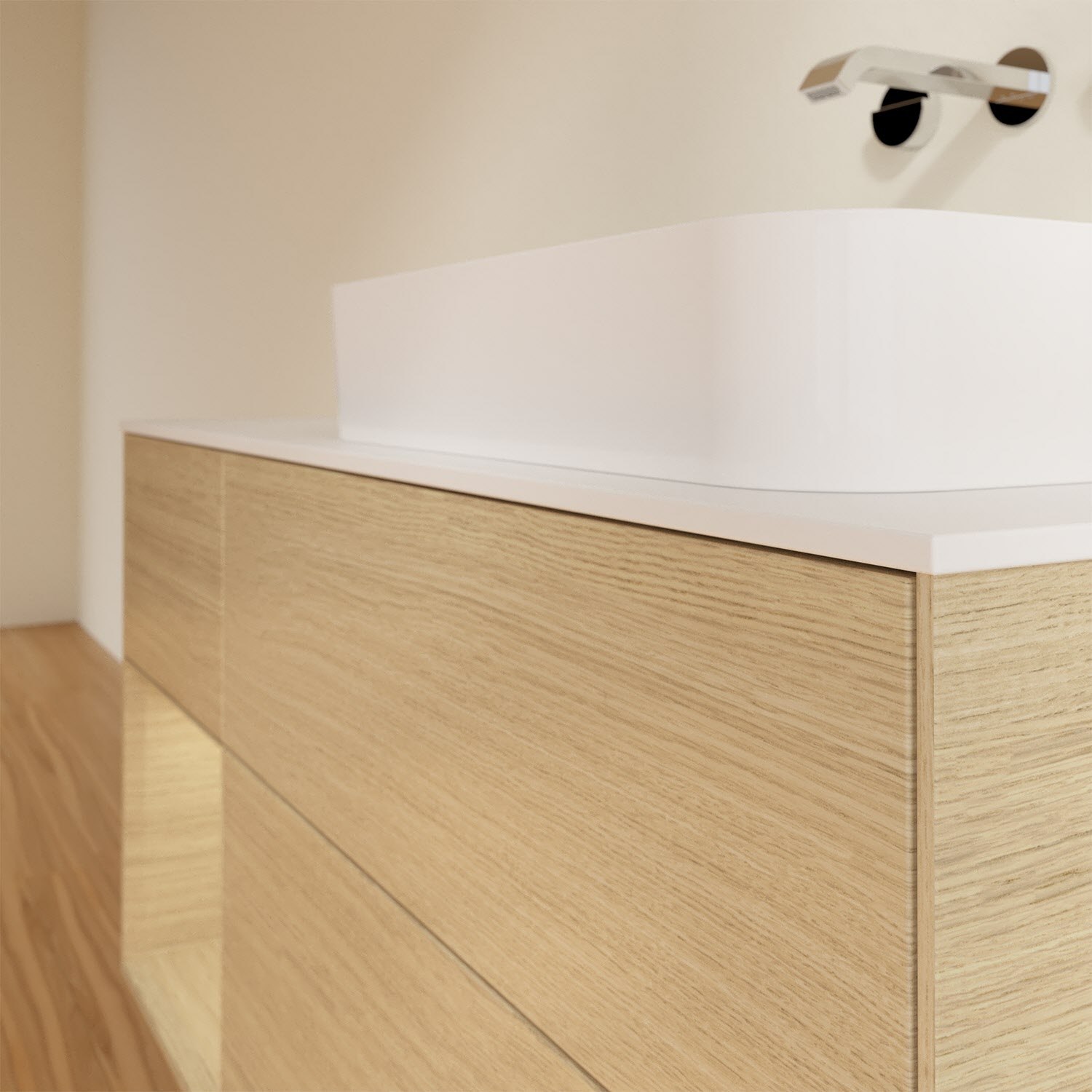 Villeroy & Boch Finion Waschtischunterschrank 120 cm mit Regalelement links und Abdeckplatte, mit Wandbeleuchtung