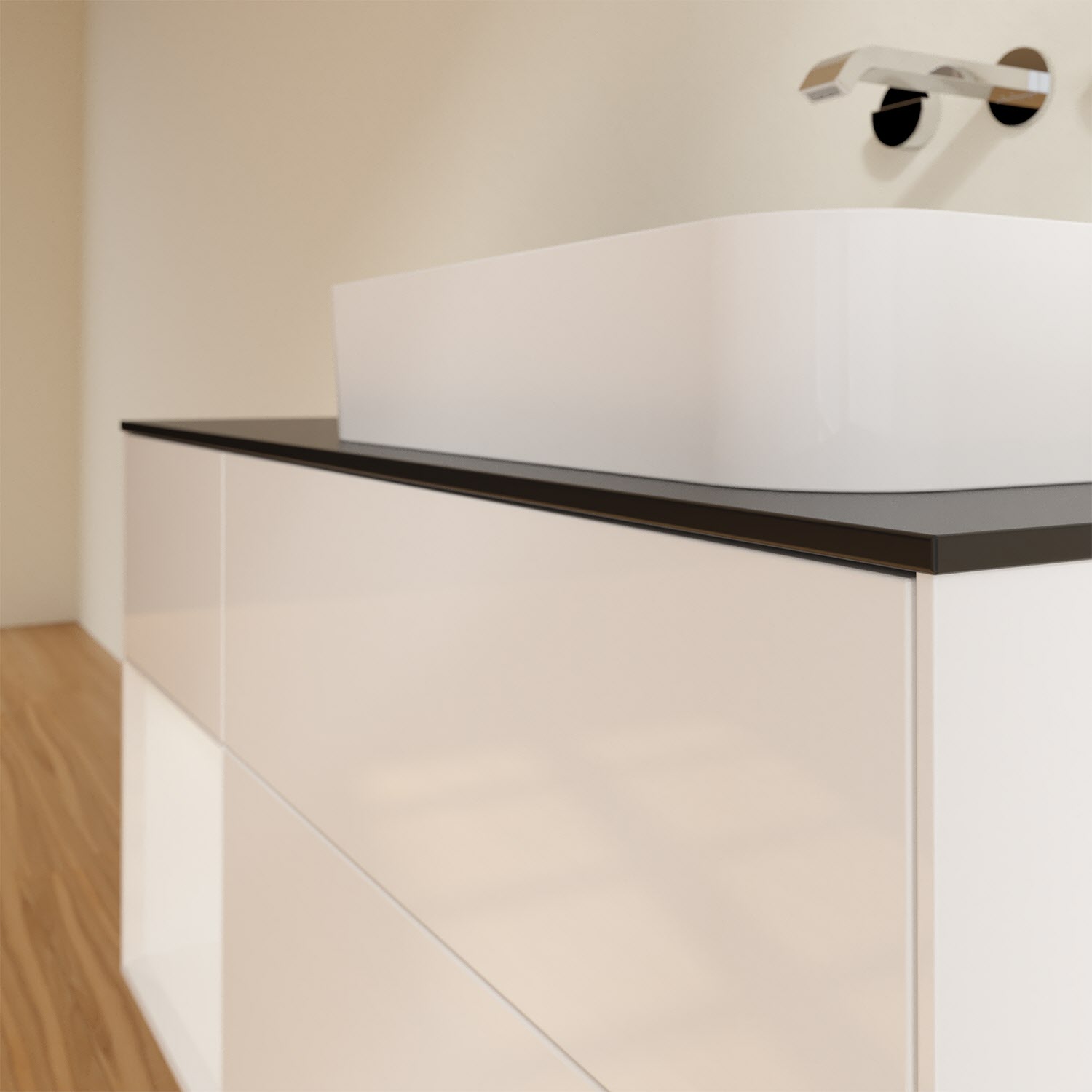 Villeroy & Boch Finion Waschtischunterschrank 120 cm mit Regalelement links und Abdeckplatte, mit Wandbeleuchtung