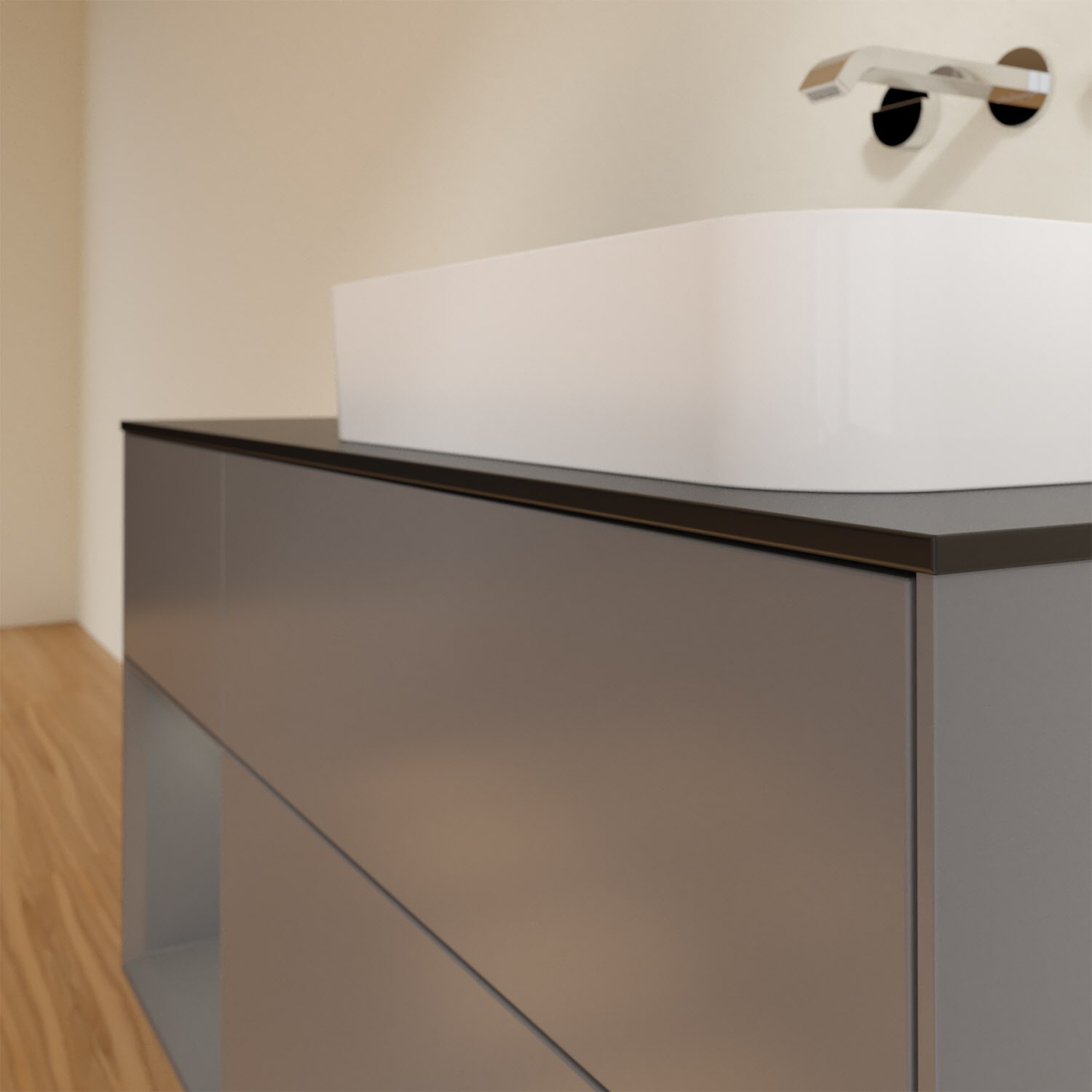 Villeroy & Boch Finion Waschtischunterschrank 120 cm mit Regalelement links und Abdeckplatte, mit Wandbeleuchtung