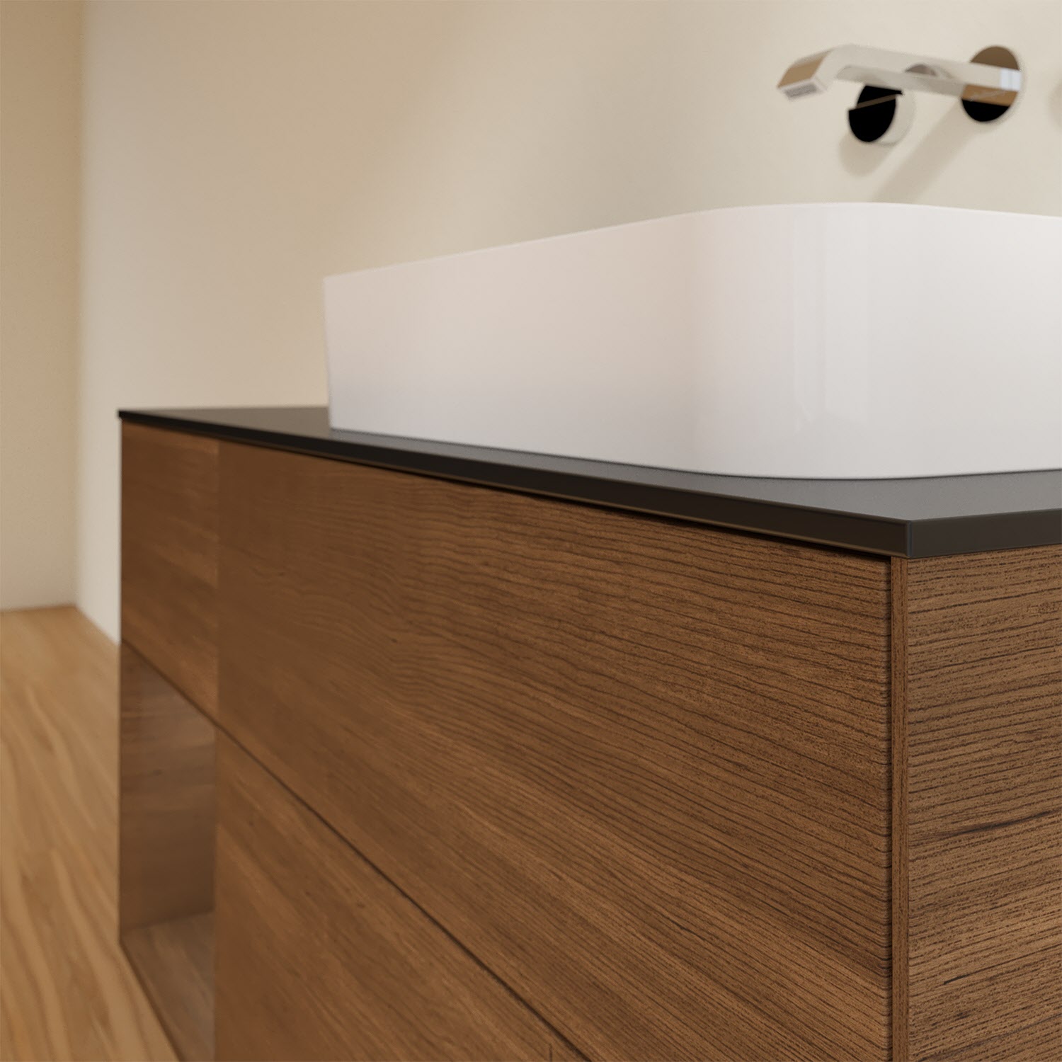 Villeroy & Boch Finion Waschtischunterschrank 120 cm mit Regalelement links und Abdeckplatte, mit Wandbeleuchtung