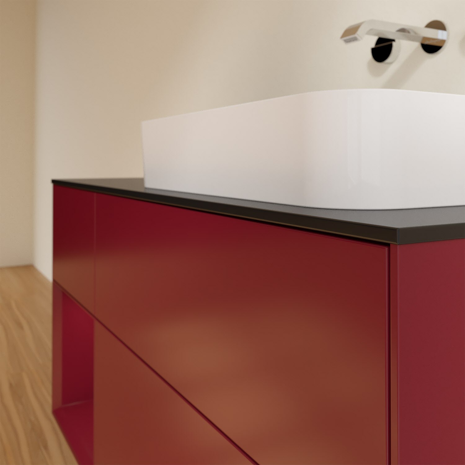 Villeroy & Boch Finion Waschtischunterschrank 120 cm mit Regalelement links und Abdeckplatte, mit Wandbeleuchtung