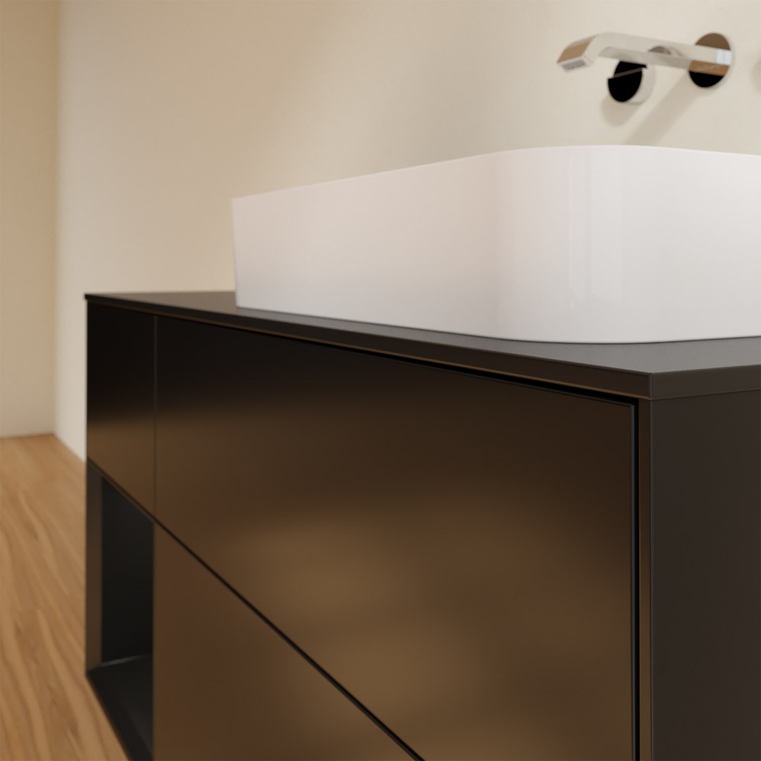 Villeroy & Boch Finion Waschtischunterschrank 120 cm mit Regalelement links und Abdeckplatte, mit Wandbeleuchtung