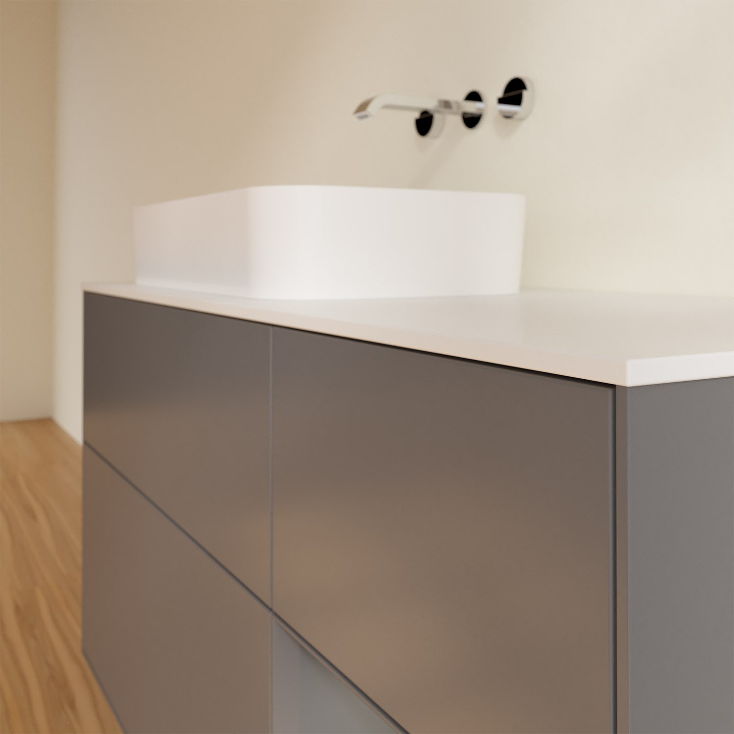 Villeroy & Boch Finion Waschtischunterschrank 120 cm mit Regalelement rechts und Abdeckplatte, mit Wandbeleuchtung