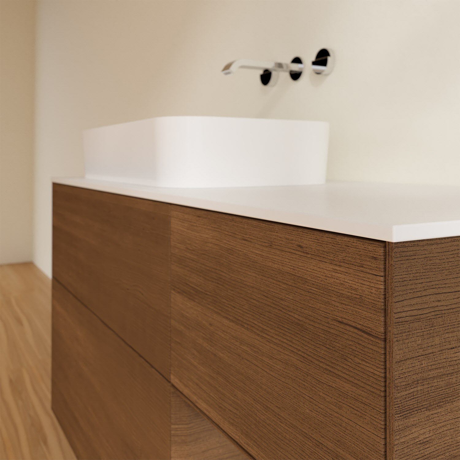 Villeroy & Boch Finion Waschtischunterschrank 120 cm mit Regalelement rechts und Abdeckplatte, mit Wandbeleuchtung