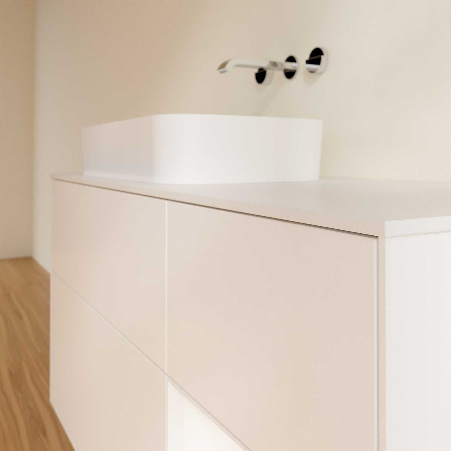 Villeroy & Boch Finion Waschtischunterschrank 120 cm mit Regalelement rechts und Abdeckplatte, mit Wandbeleuchtung