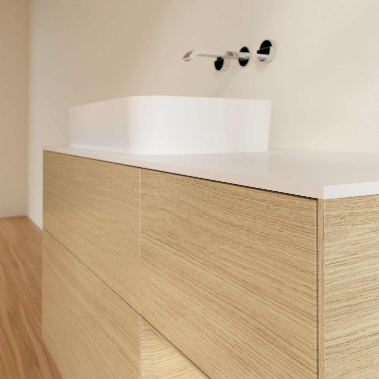 Villeroy & Boch Finion Waschtischunterschrank 120 cm mit Regalelement rechts und Abdeckplatte, mit Wandbeleuchtung