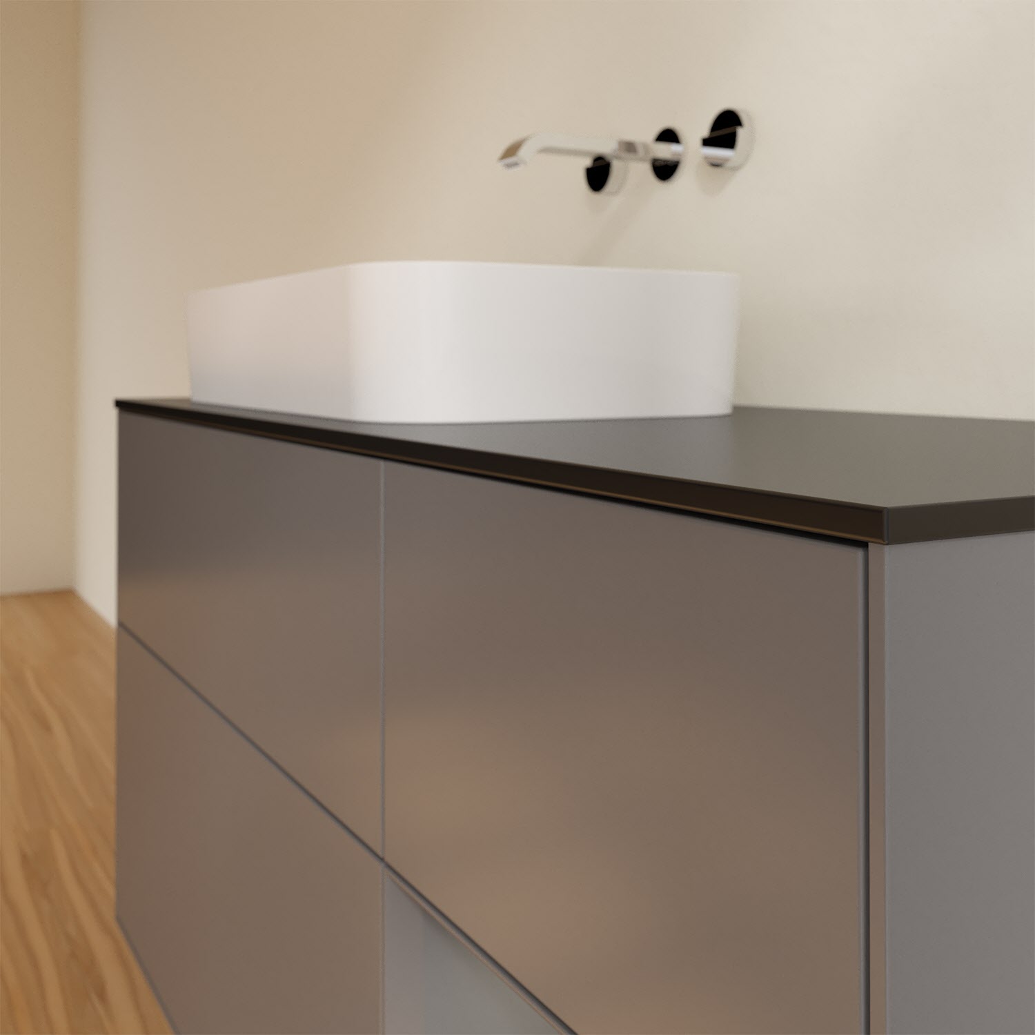 Villeroy & Boch Finion Waschtischunterschrank 120 cm mit Regalelement rechts und Abdeckplatte, mit Wandbeleuchtung