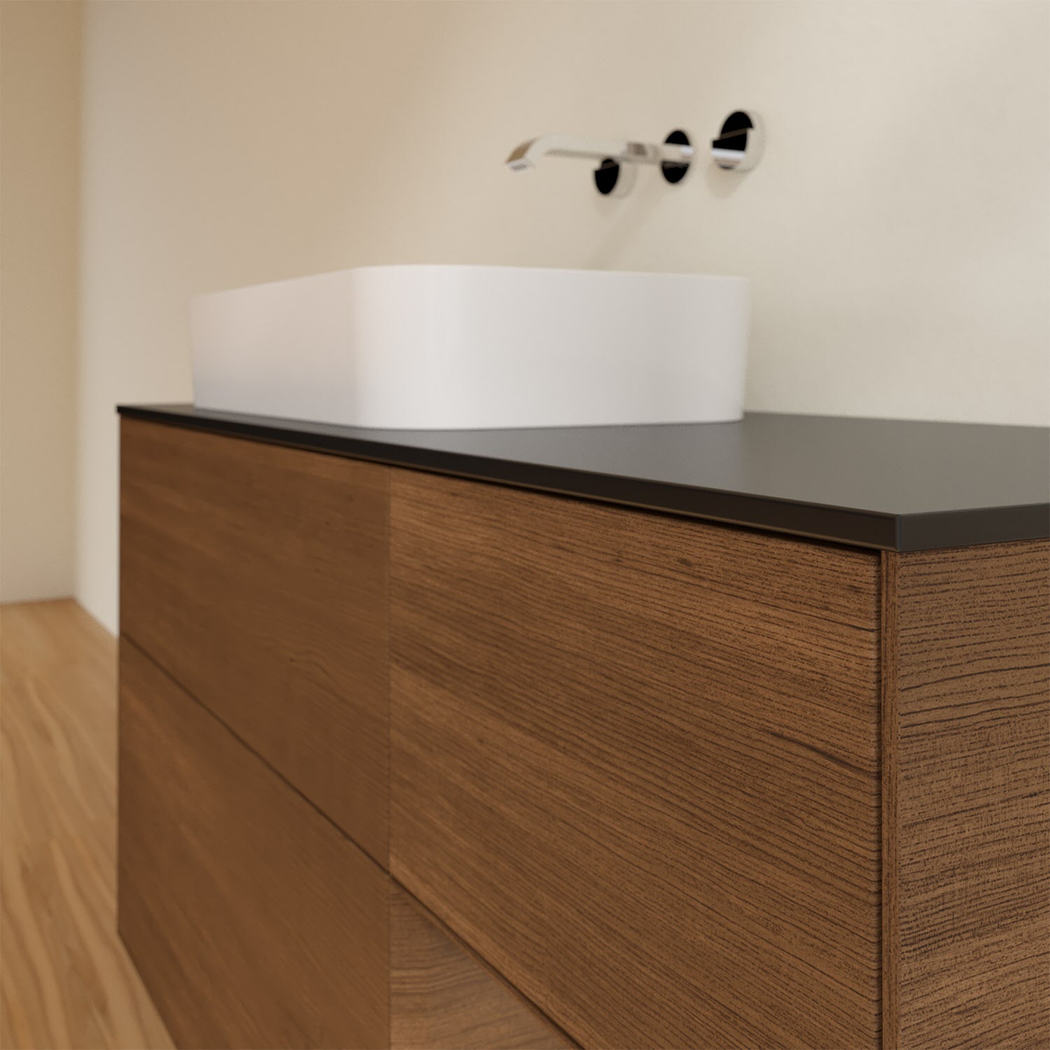 Villeroy & Boch Finion Waschtischunterschrank 120 cm mit Regalelement rechts und Abdeckplatte, mit Wandbeleuchtung