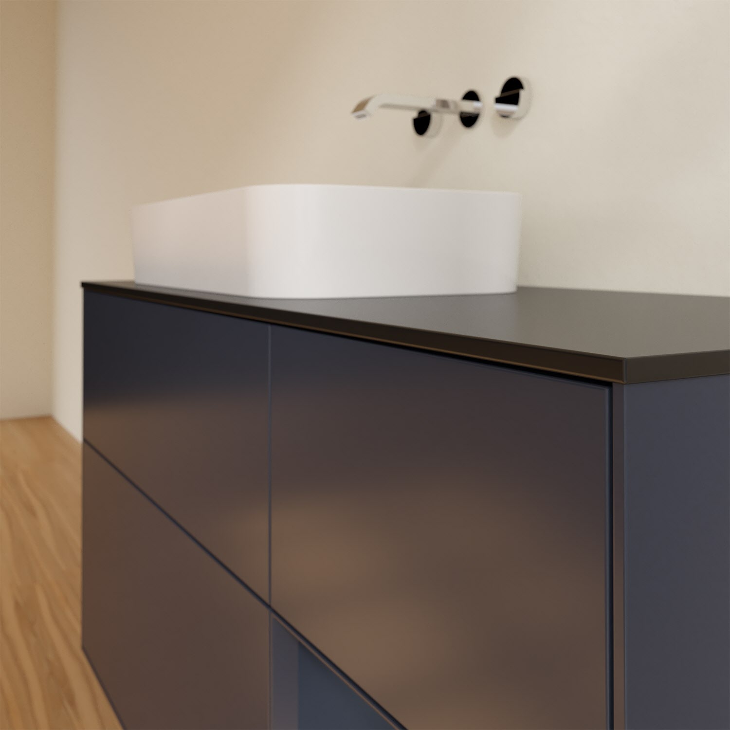 Villeroy & Boch Finion Waschtischunterschrank 120 cm mit Regalelement rechts und Abdeckplatte, mit Wandbeleuchtung