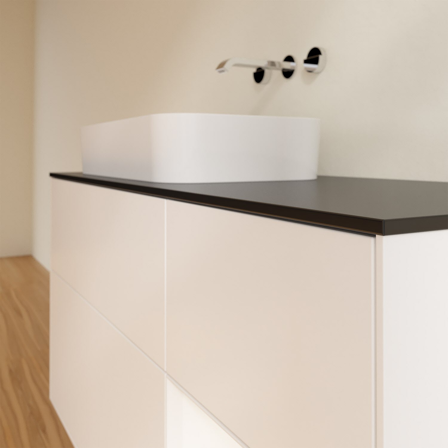 Villeroy & Boch Finion Waschtischunterschrank 120 cm mit Regalelement rechts und Abdeckplatte, mit Wandbeleuchtung