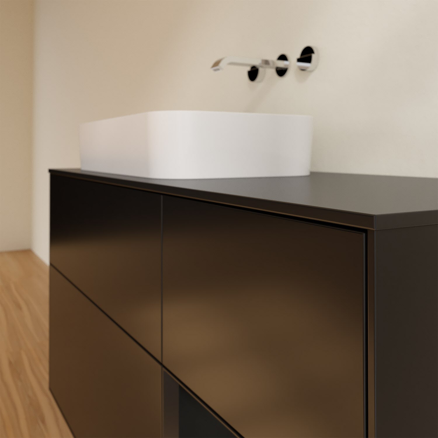 Villeroy & Boch Finion Waschtischunterschrank 120 cm mit Regalelement rechts und Abdeckplatte, mit Wandbeleuchtung