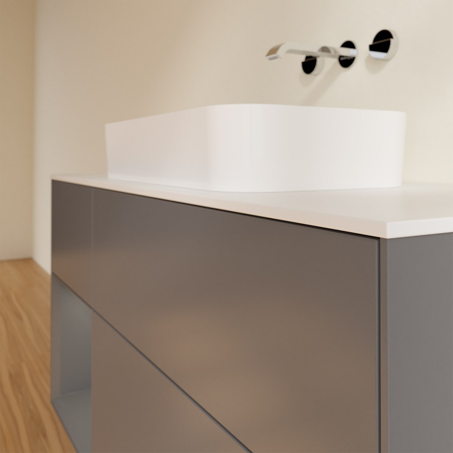 Villeroy & Boch Finion Waschtischunterschrank 120 cm mit Regalelement links und Abdeckplatte, mit Wandbeleuchtung