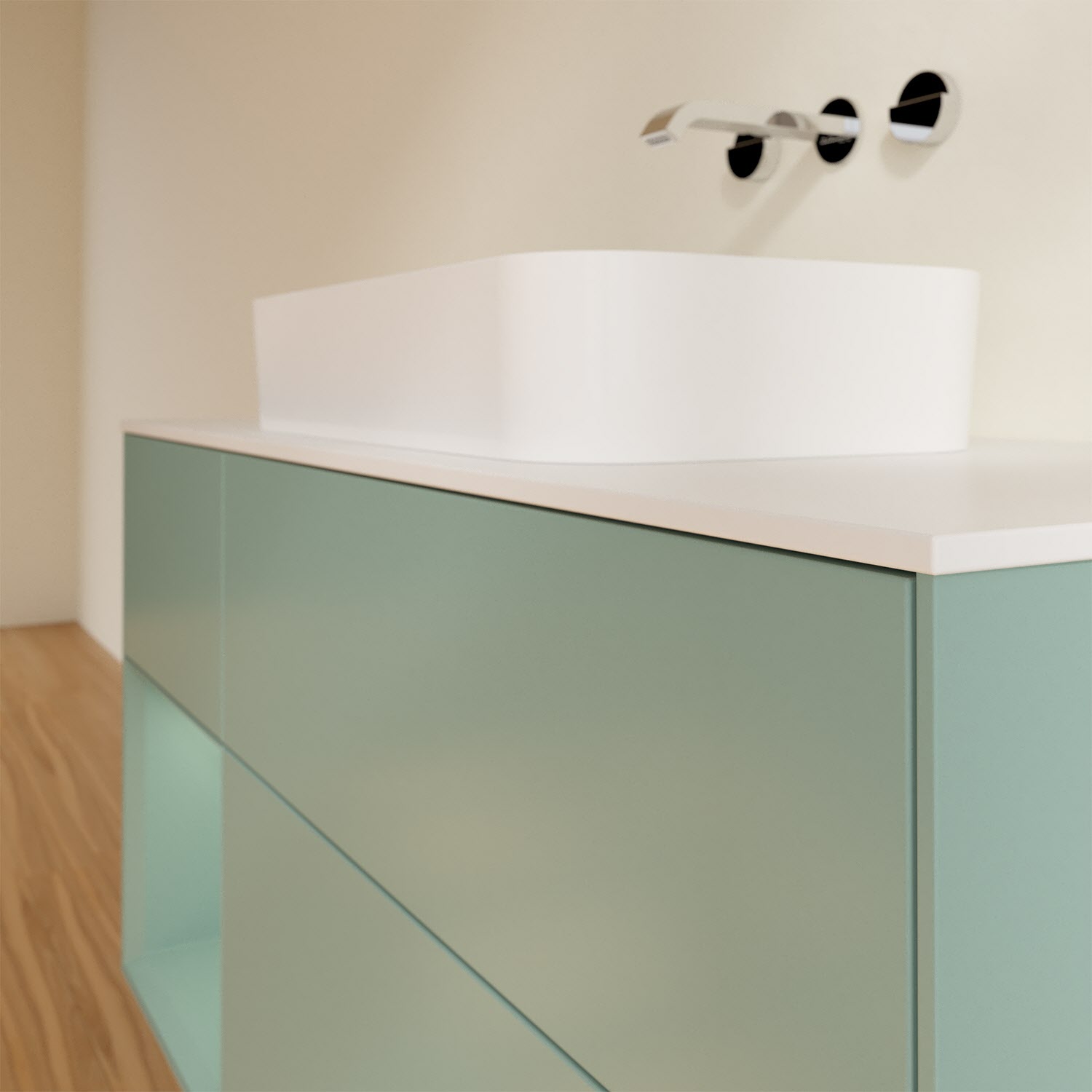 Villeroy & Boch Finion Waschtischunterschrank 120 cm mit Regalelement links und Abdeckplatte, mit Wandbeleuchtung