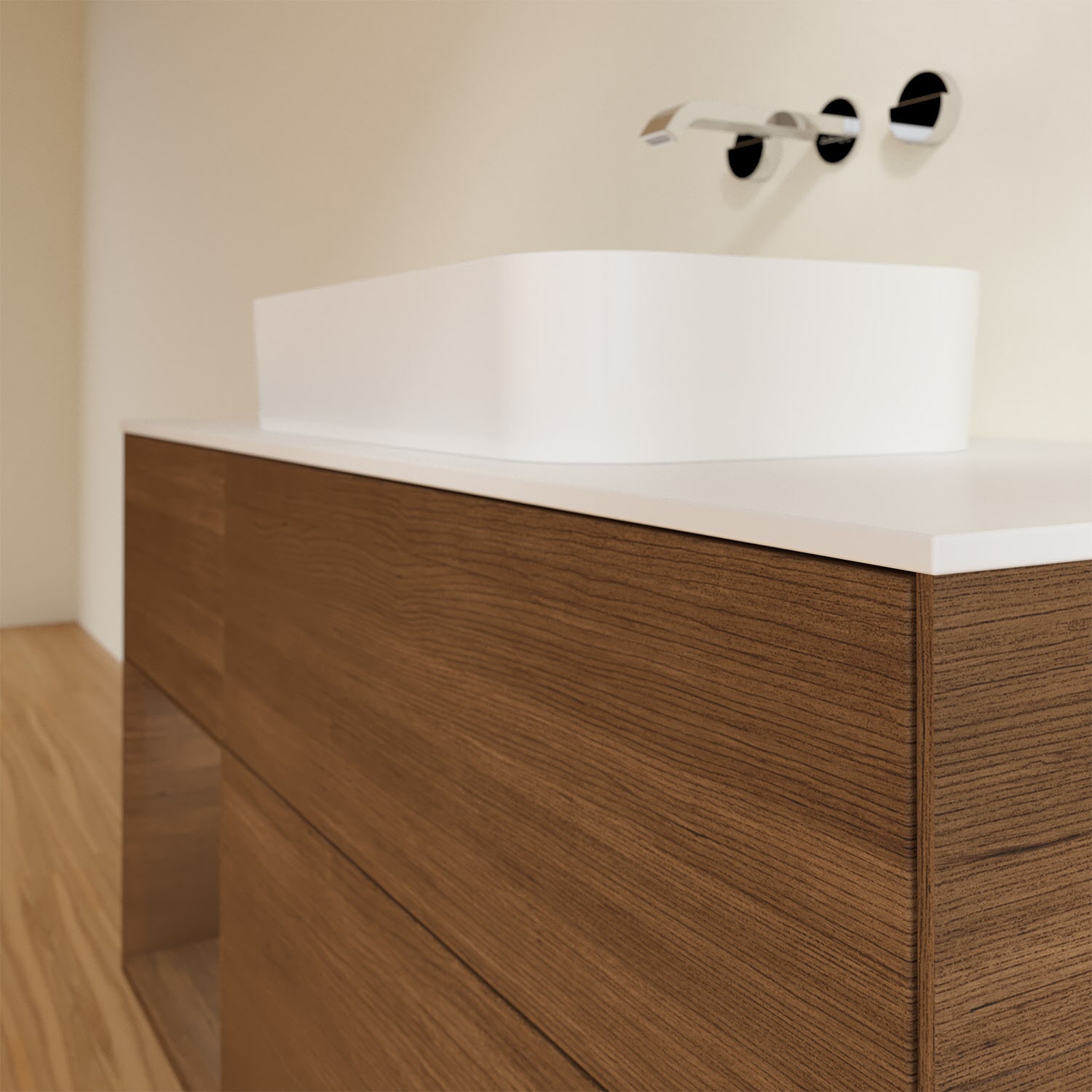 Villeroy & Boch Finion Waschtischunterschrank 120 cm mit Regalelement links und Abdeckplatte, mit Wandbeleuchtung