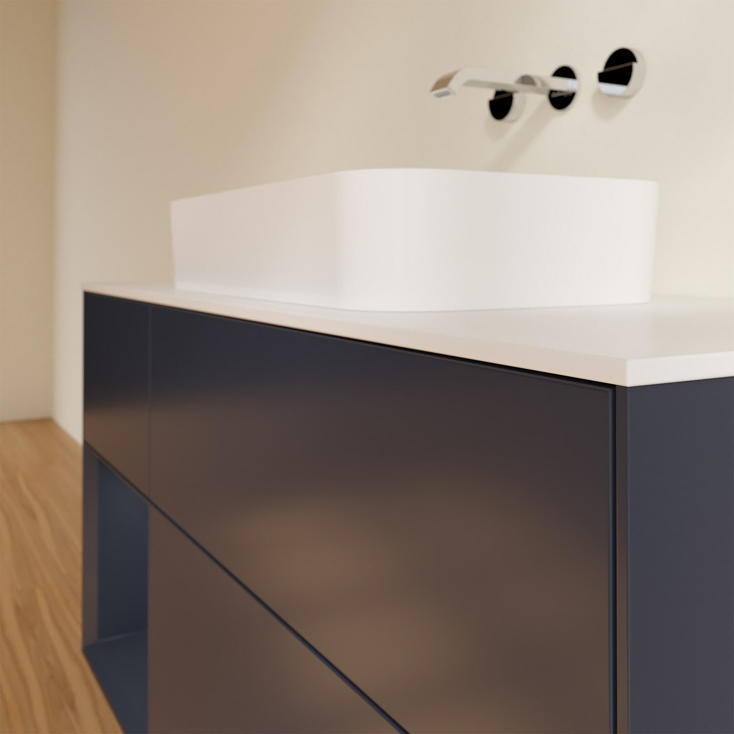 Villeroy & Boch Finion Waschtischunterschrank 120 cm mit Regalelement links und Abdeckplatte, mit Wandbeleuchtung