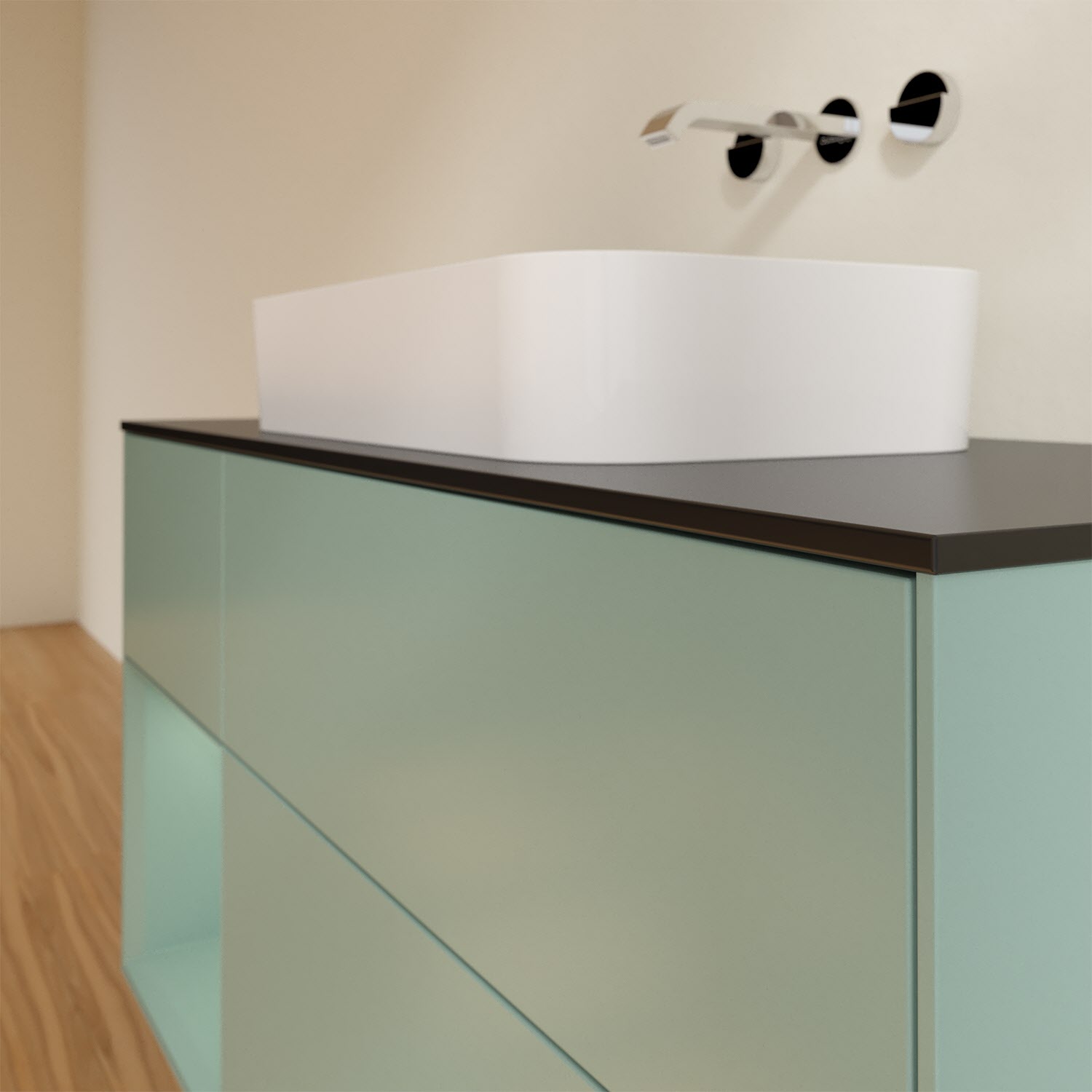 Villeroy & Boch Finion Waschtischunterschrank 120 cm mit Regalelement links und Abdeckplatte, mit Wandbeleuchtung