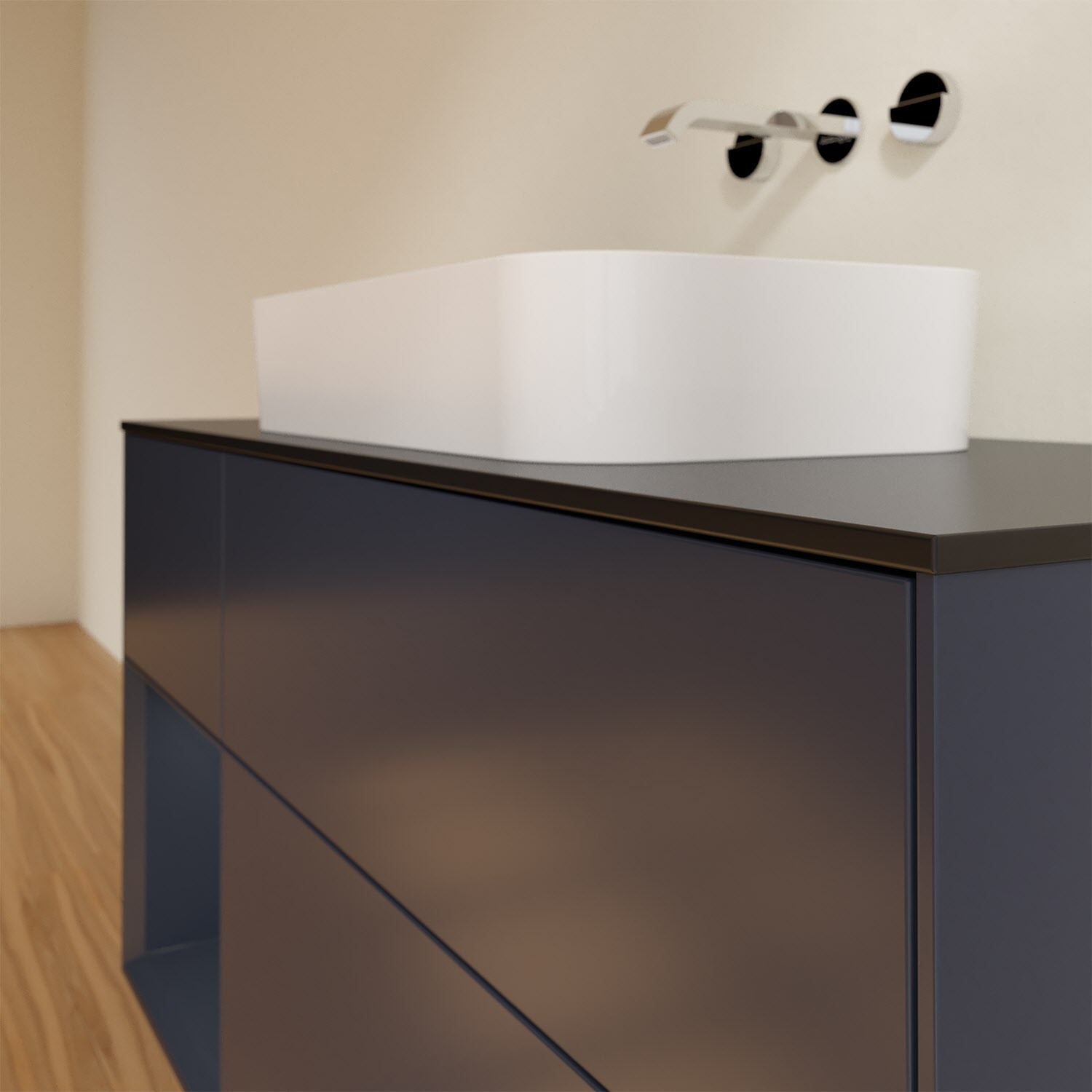 Villeroy & Boch Finion Waschtischunterschrank 120 cm mit Regalelement links und Abdeckplatte, mit Wandbeleuchtung