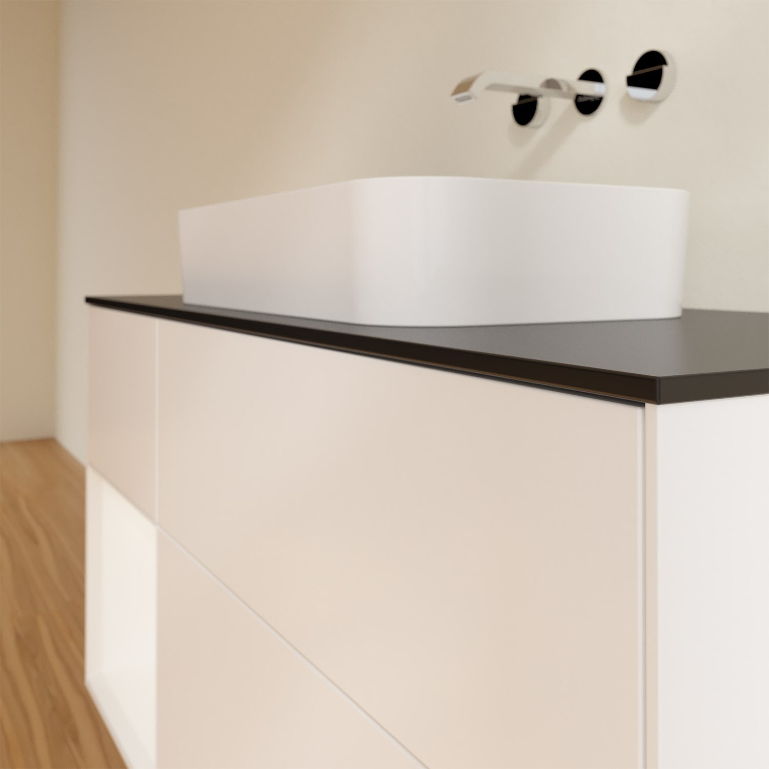 Villeroy & Boch Finion Waschtischunterschrank 120 cm mit Regalelement links und Abdeckplatte, mit Wandbeleuchtung