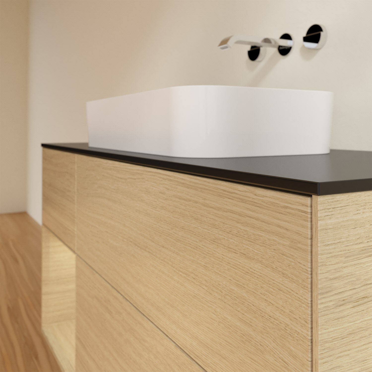 Villeroy & Boch Finion Waschtischunterschrank 120 cm mit Regalelement links und Abdeckplatte, mit Wandbeleuchtung