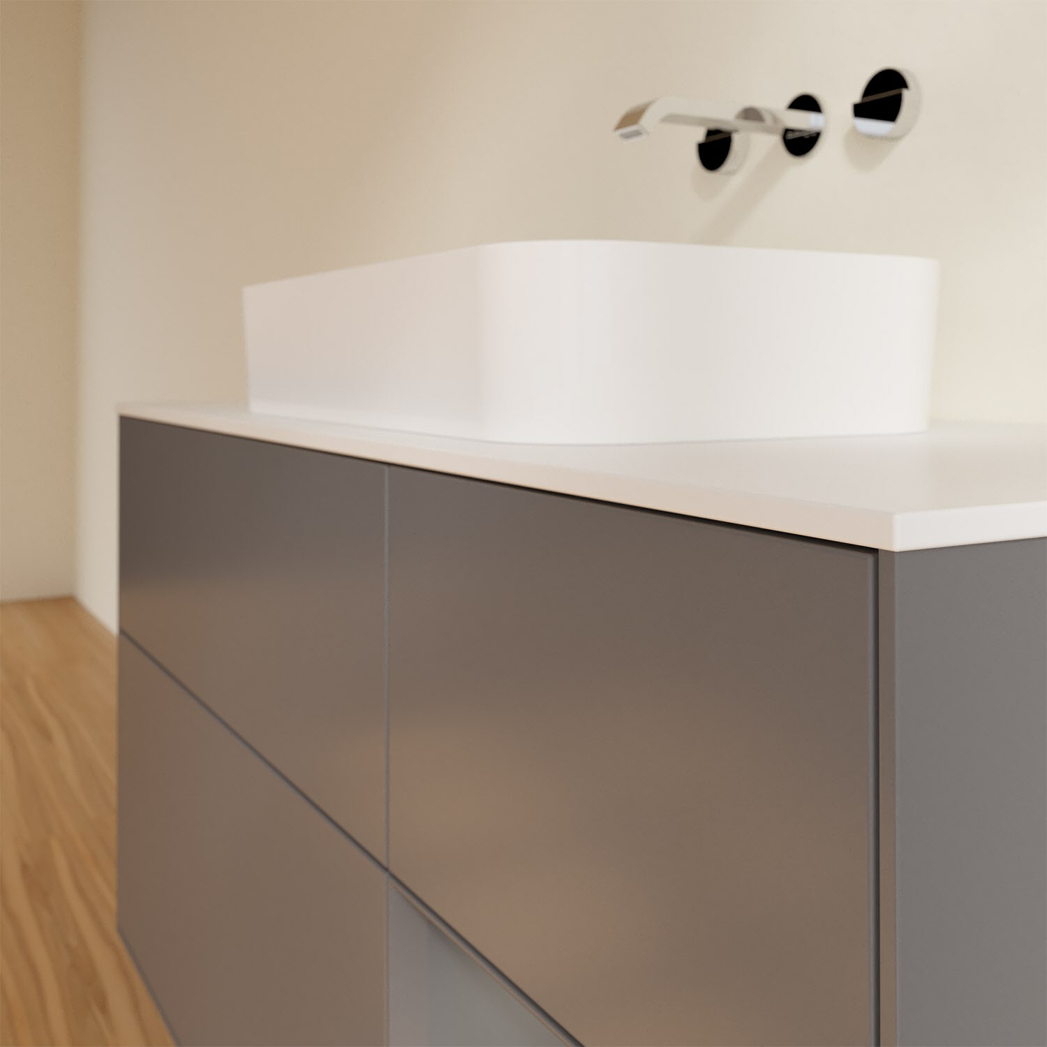 Villeroy & Boch Finion Waschtischunterschrank 120 cm mit Regalelement rechts und Abdeckplatte, mit Wandbeleuchtung