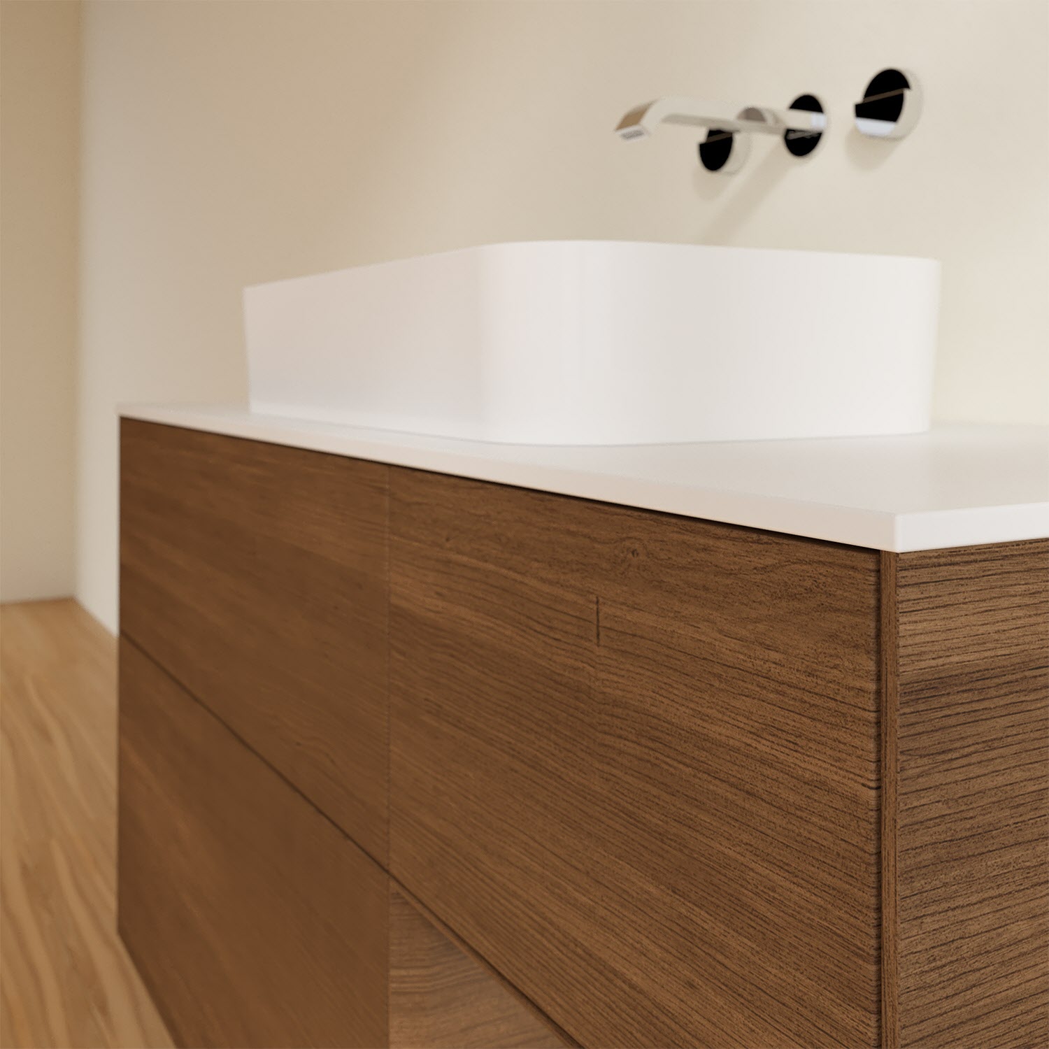 Villeroy & Boch Finion Waschtischunterschrank 120 cm mit Regalelement rechts und Abdeckplatte, mit Wandbeleuchtung