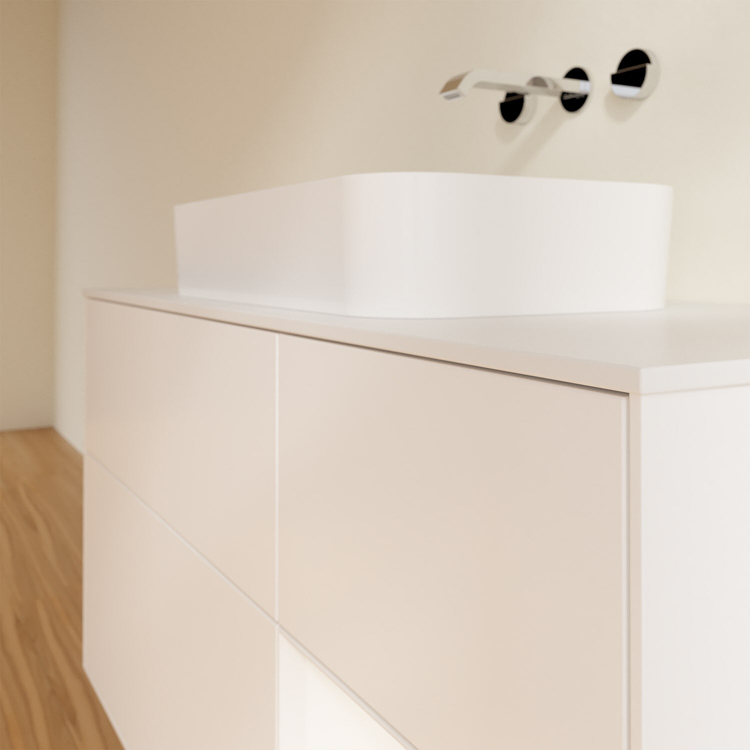 Villeroy & Boch Finion Waschtischunterschrank 120 cm mit Regalelement rechts und Abdeckplatte, mit Wandbeleuchtung