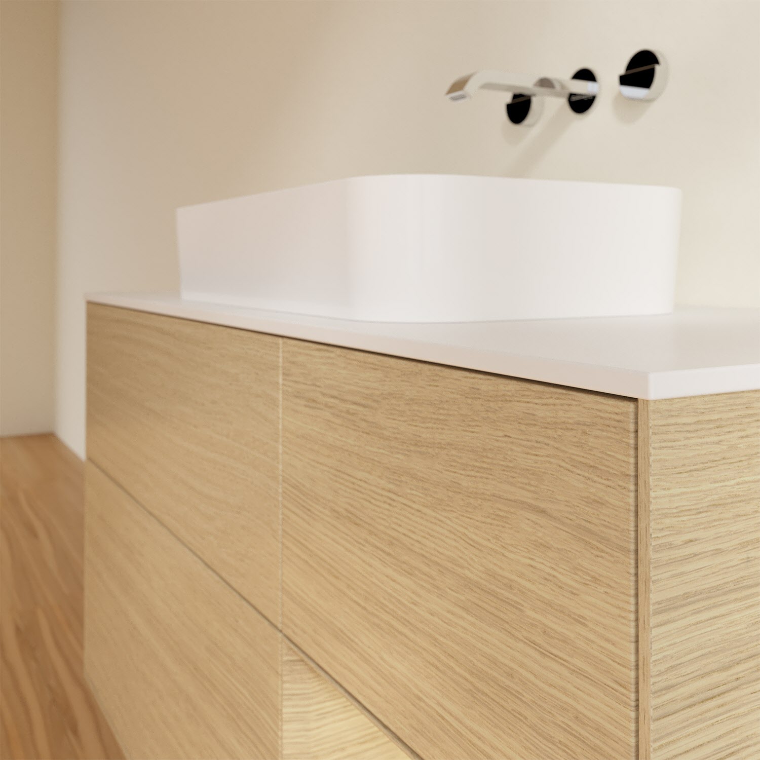 Villeroy & Boch Finion Waschtischunterschrank 120 cm mit Regalelement rechts und Abdeckplatte, mit Wandbeleuchtung