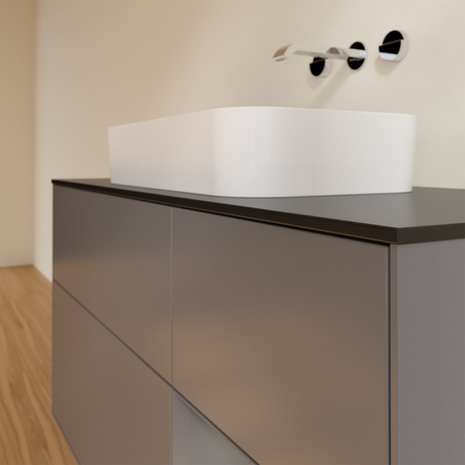 Villeroy & Boch Finion Waschtischunterschrank 120 cm mit Regalelement rechts und Abdeckplatte, mit Wandbeleuchtung