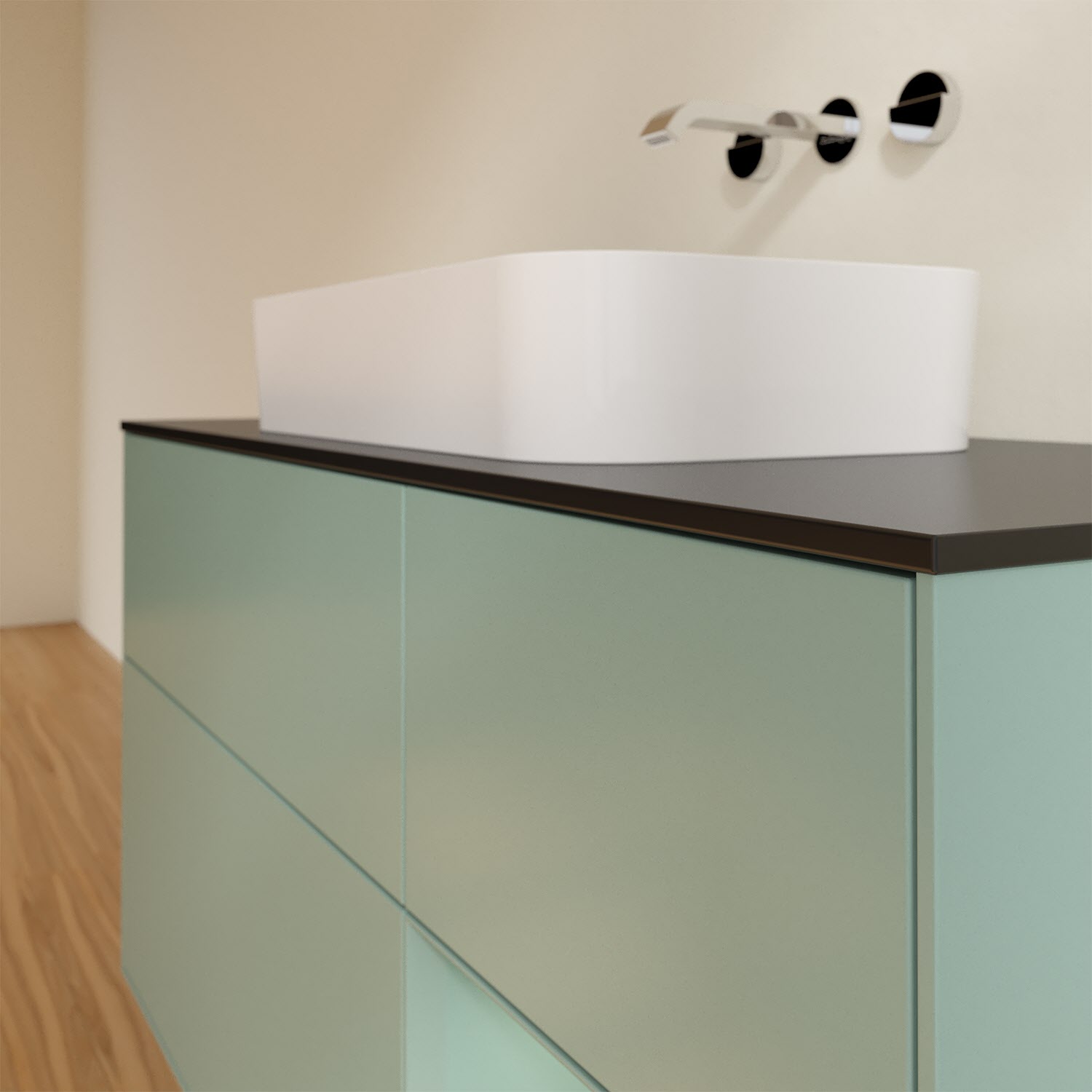 Villeroy & Boch Finion Waschtischunterschrank 120 cm mit Regalelement rechts und Abdeckplatte, mit Wandbeleuchtung