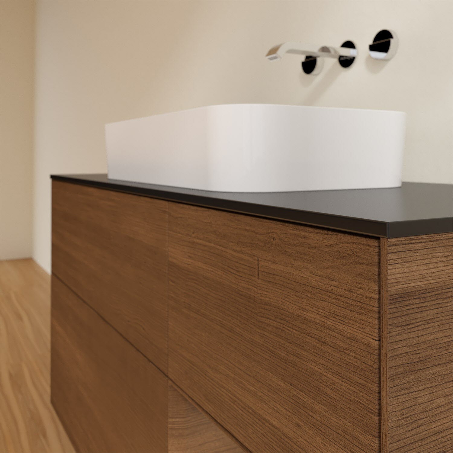 Villeroy & Boch Finion Waschtischunterschrank 120 cm mit Regalelement rechts und Abdeckplatte, mit Wandbeleuchtung