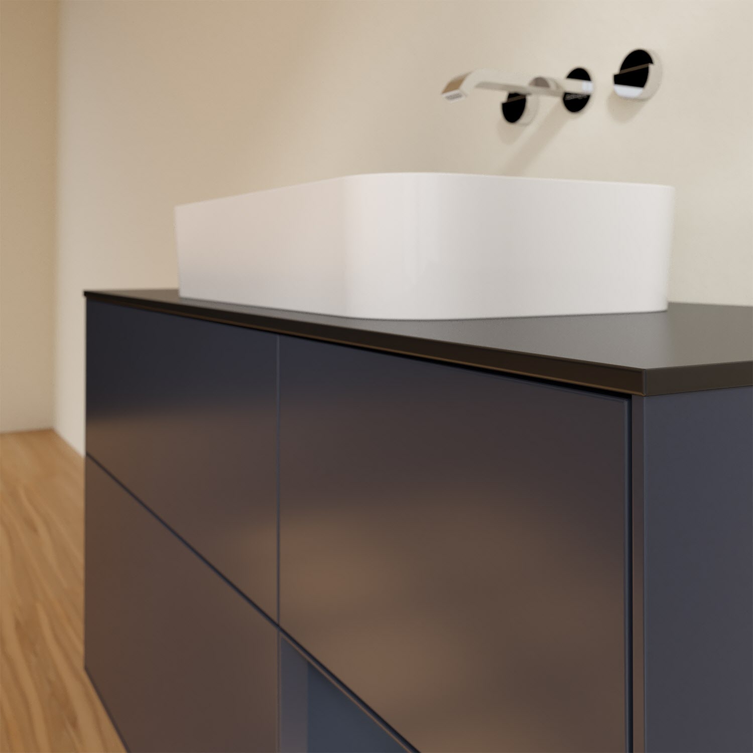 Villeroy & Boch Finion Waschtischunterschrank 120 cm mit Regalelement rechts und Abdeckplatte, mit Wandbeleuchtung