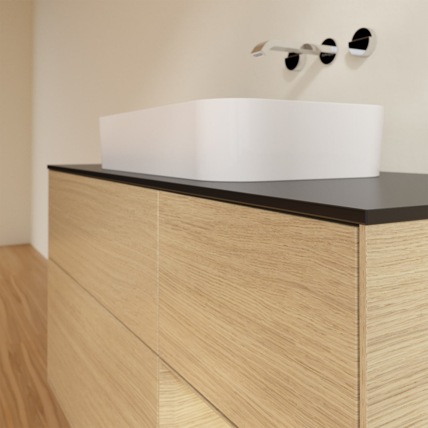 Villeroy & Boch Finion Waschtischunterschrank 120 cm mit Regalelement rechts und Abdeckplatte, mit Wandbeleuchtung