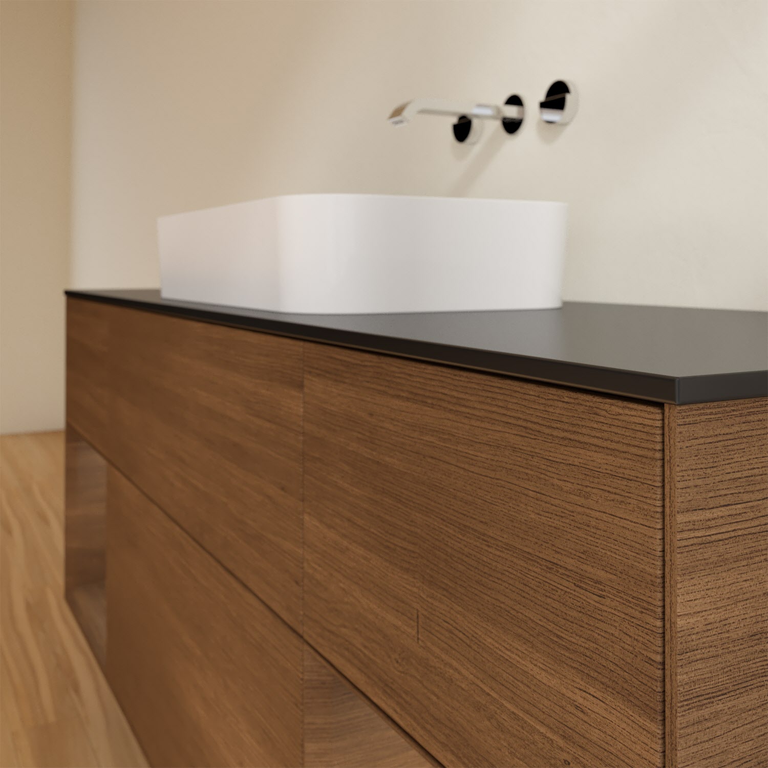 Villeroy & Boch Finion Waschtischunterschrank 160 cm mit Regalelement links und rechts und Abdeckplatte, mit Wandbeleuchtung