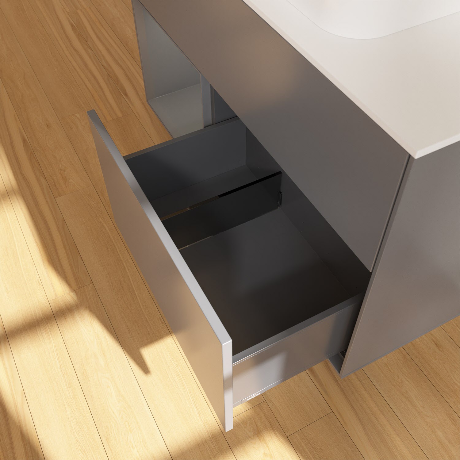 Villeroy & Boch Finion Waschtischunterschrank 100 cm mit Regalelement links und Abdeckplatte, mit Wandbeleuchtung