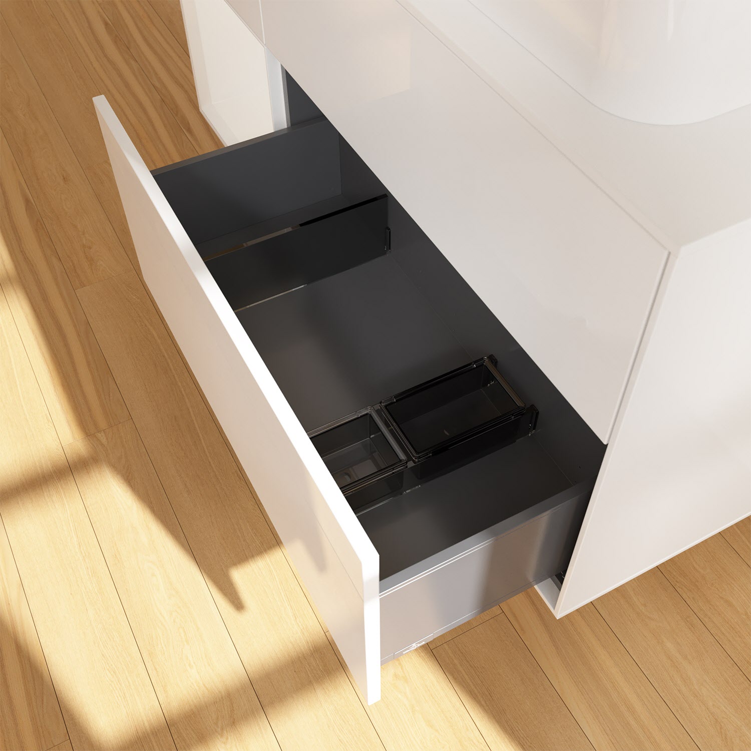 Villeroy & Boch Finion Waschtischunterschrank 120 cm mit Regalelement links und Abdeckplatte, mit Wandbeleuchtung