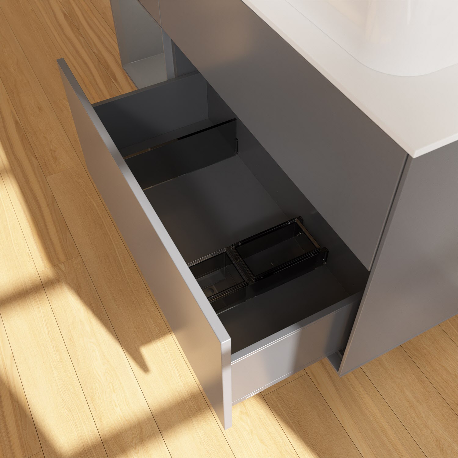 Villeroy & Boch Finion Waschtischunterschrank 120 cm mit Regalelement links und Abdeckplatte, mit Wandbeleuchtung