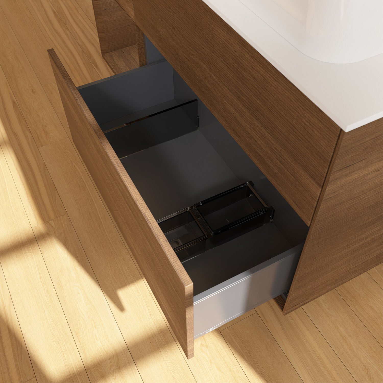 Villeroy & Boch Finion Waschtischunterschrank 120 cm mit Regalelement links und Abdeckplatte, mit Wandbeleuchtung