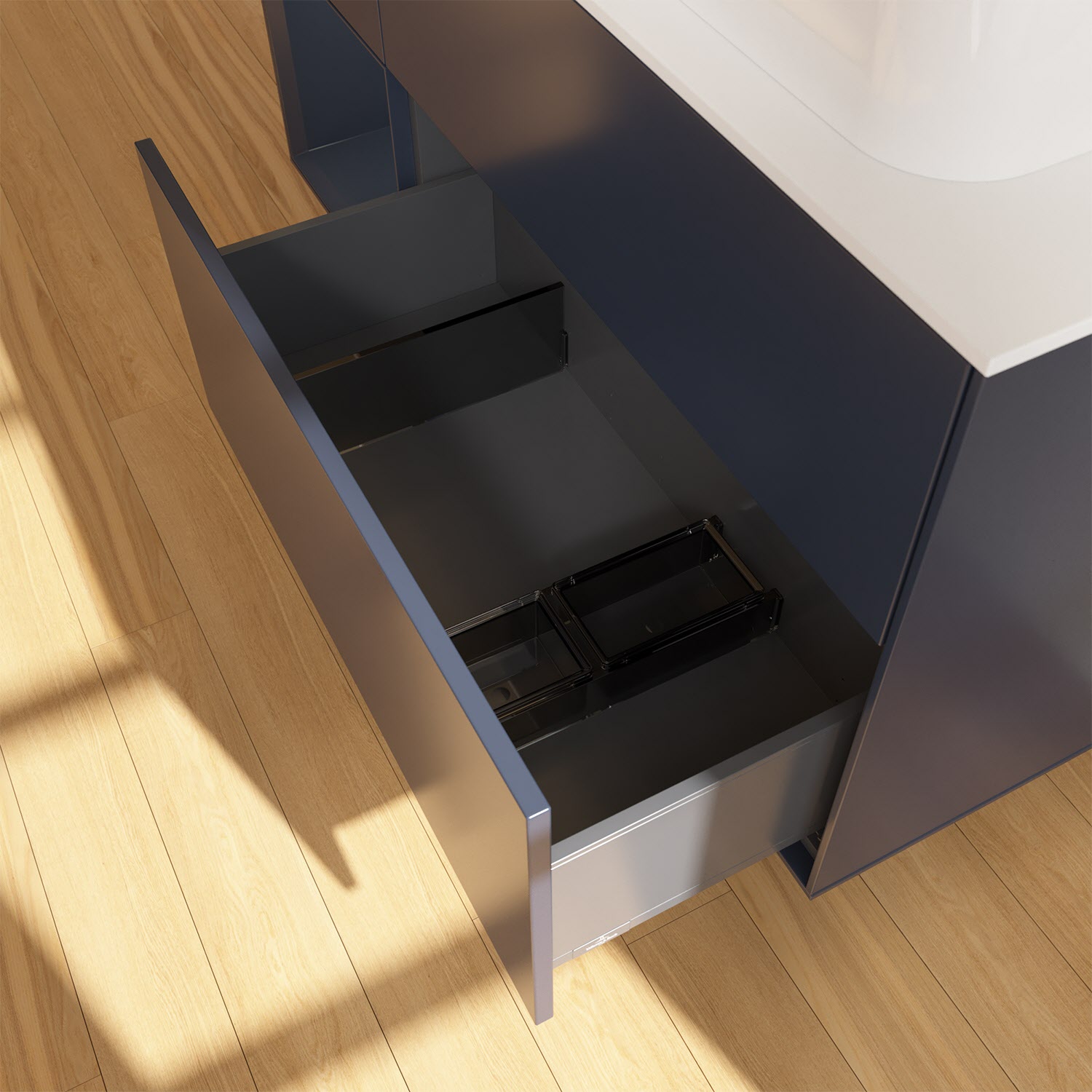 Villeroy & Boch Finion Waschtischunterschrank 120 cm mit Regalelement links und Abdeckplatte, mit Wandbeleuchtung