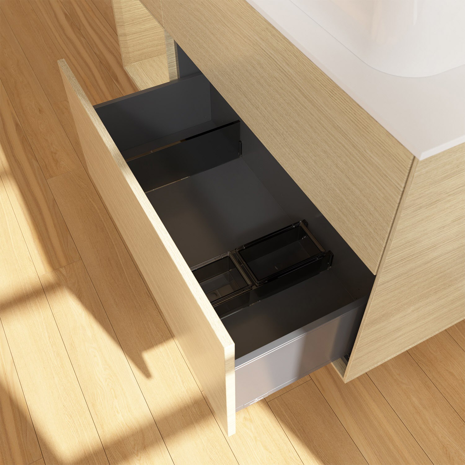 Villeroy & Boch Finion Waschtischunterschrank 120 cm mit Regalelement links und Abdeckplatte, mit Wandbeleuchtung