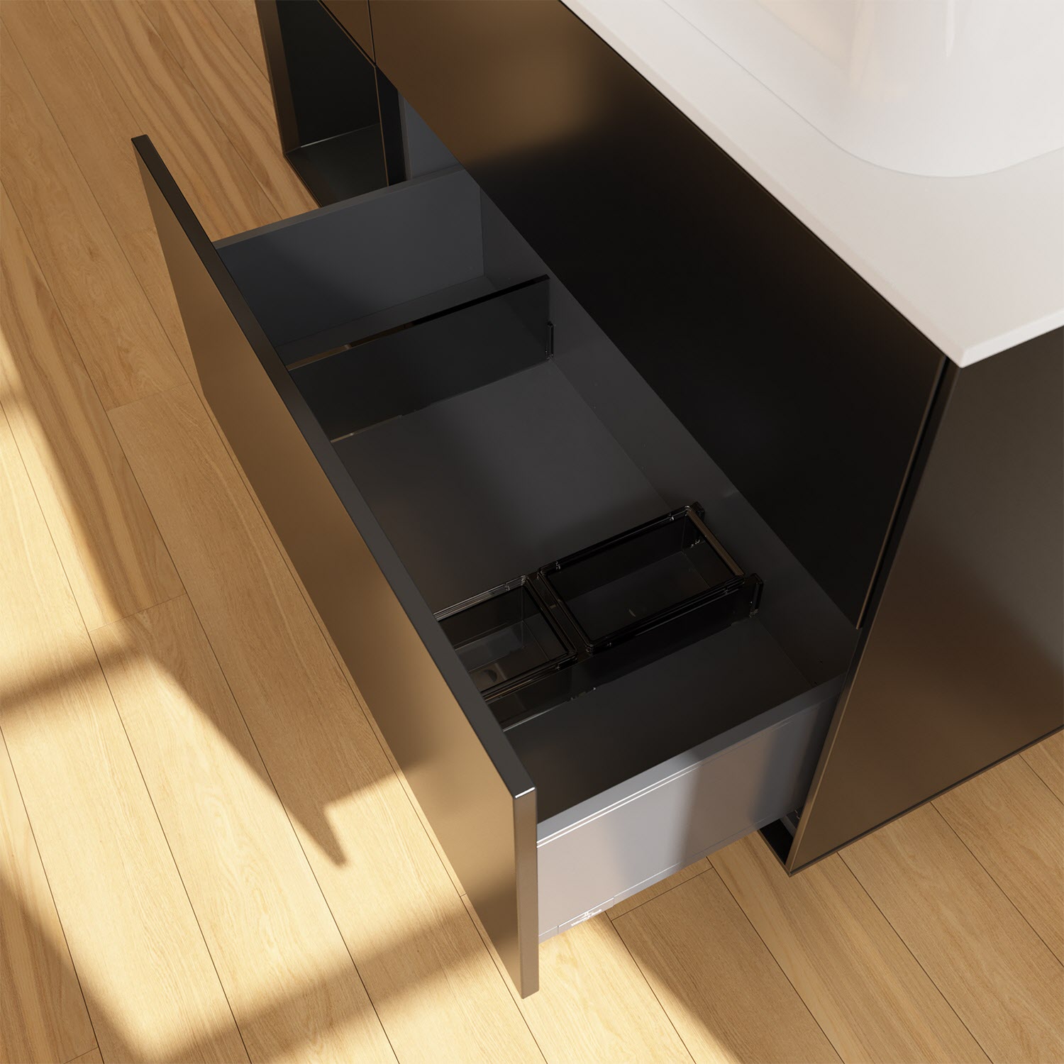 Villeroy & Boch Finion Waschtischunterschrank 120 cm mit Regalelement links und Abdeckplatte, mit Wandbeleuchtung