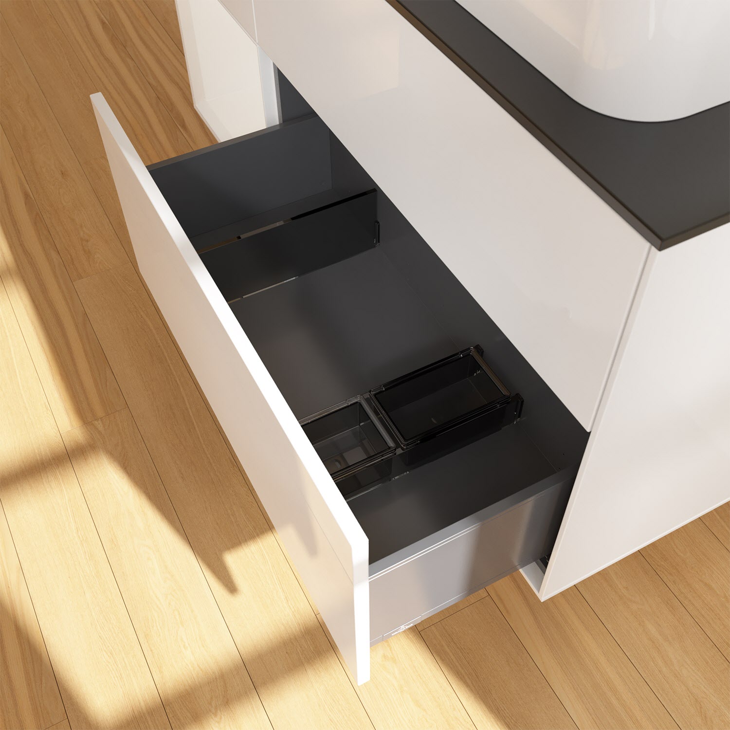 Villeroy & Boch Finion Waschtischunterschrank 120 cm mit Regalelement links und Abdeckplatte, mit Wandbeleuchtung