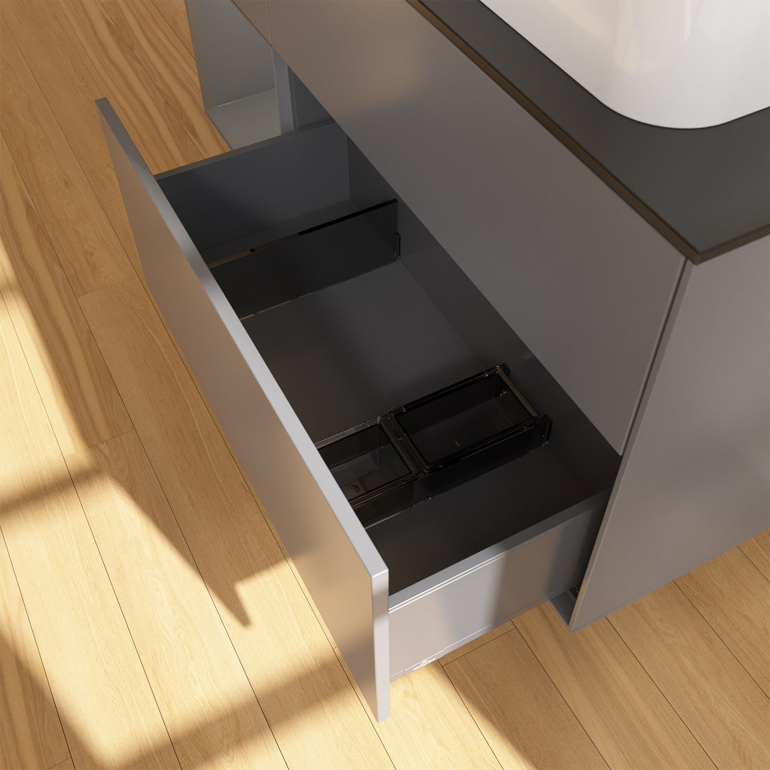 Villeroy & Boch Finion Waschtischunterschrank 120 cm mit Regalelement links und Abdeckplatte, mit Wandbeleuchtung