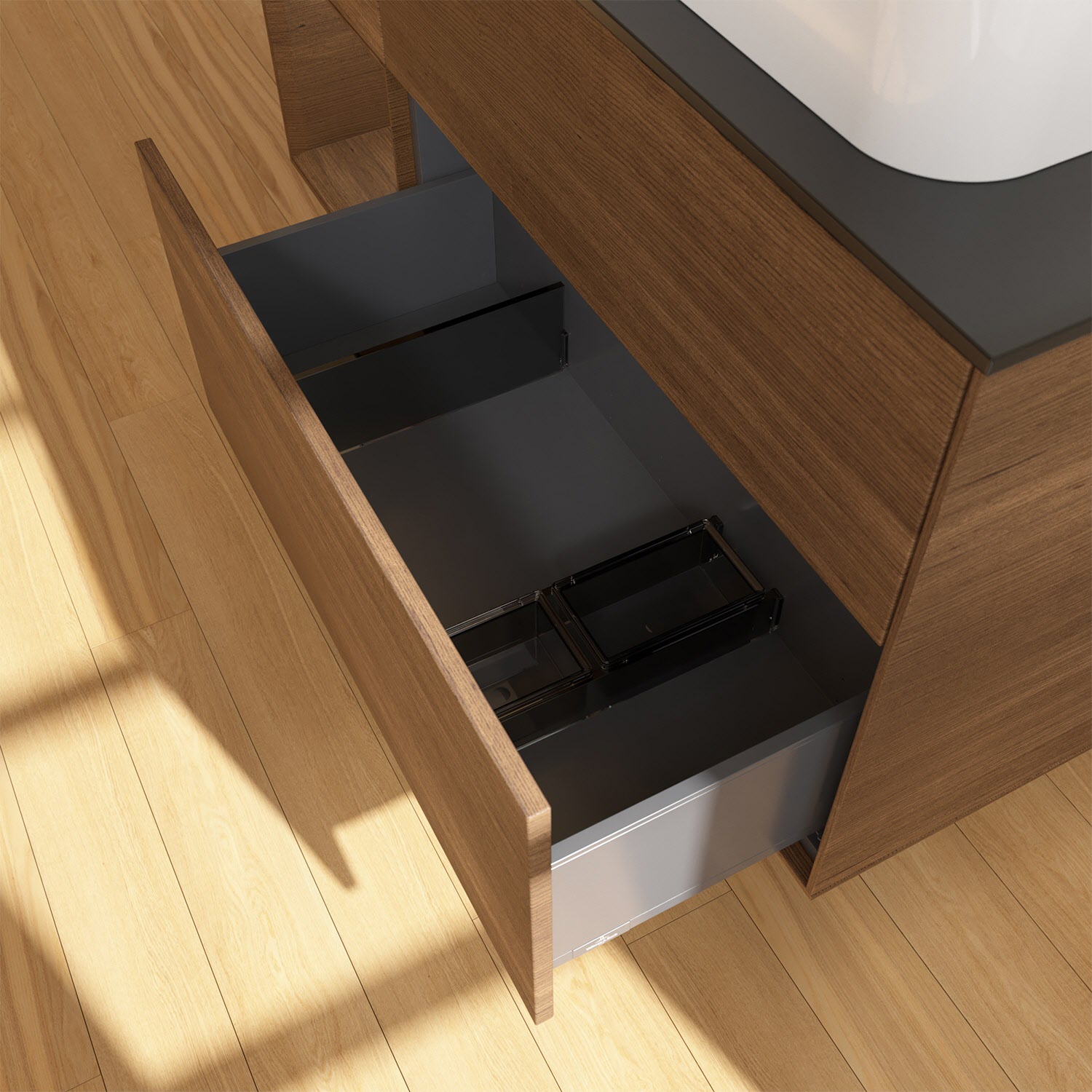 Villeroy & Boch Finion Waschtischunterschrank 120 cm mit Regalelement links und Abdeckplatte, mit Wandbeleuchtung