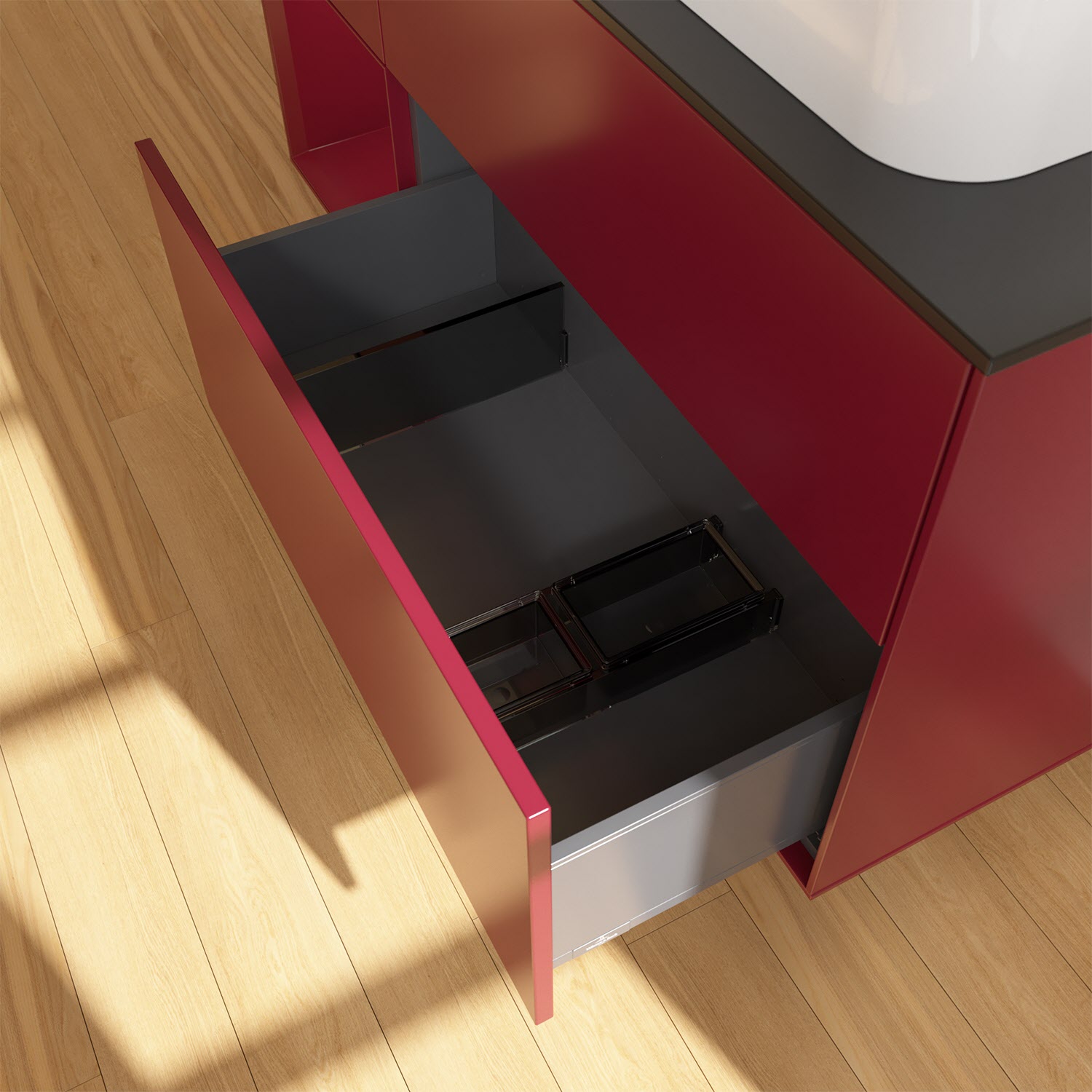 Villeroy & Boch Finion Waschtischunterschrank 120 cm mit Regalelement links und Abdeckplatte, mit Wandbeleuchtung