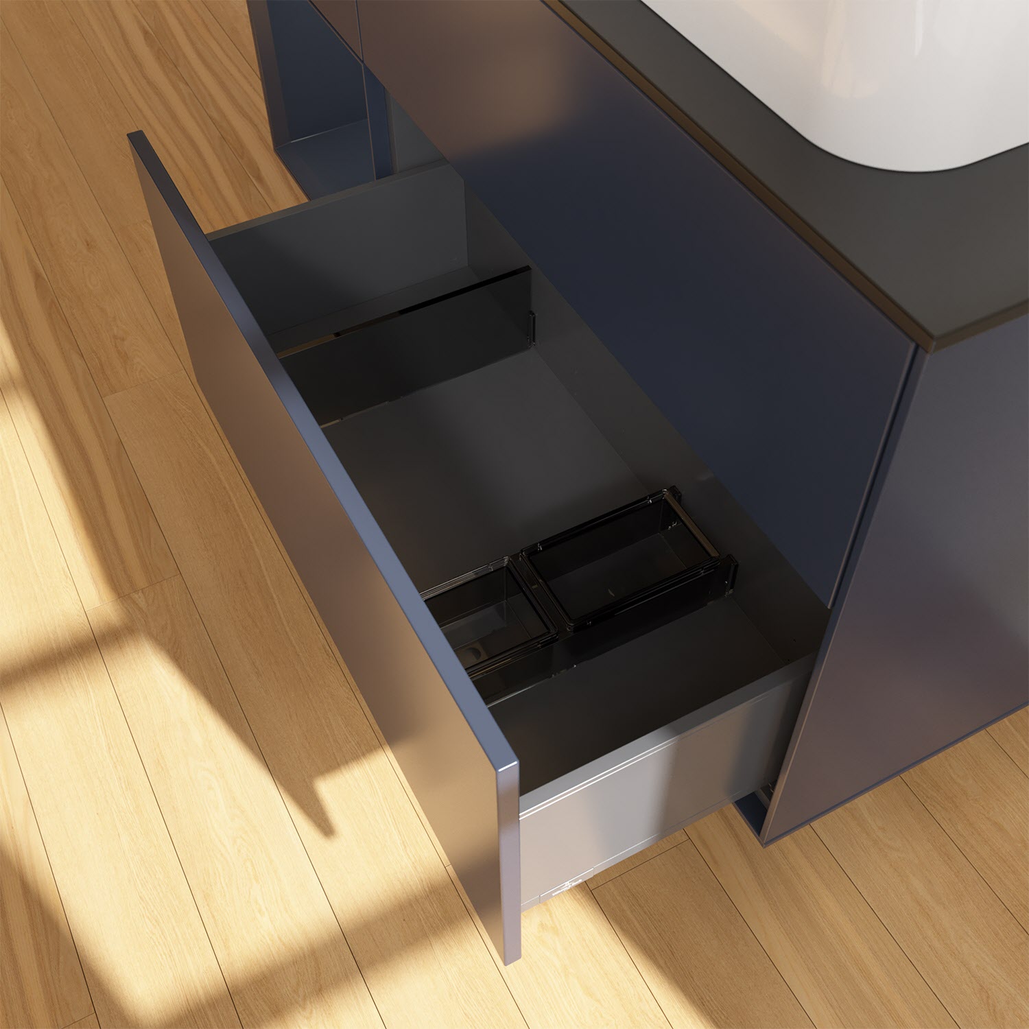 Villeroy & Boch Finion Waschtischunterschrank 120 cm mit Regalelement links und Abdeckplatte, mit Wandbeleuchtung