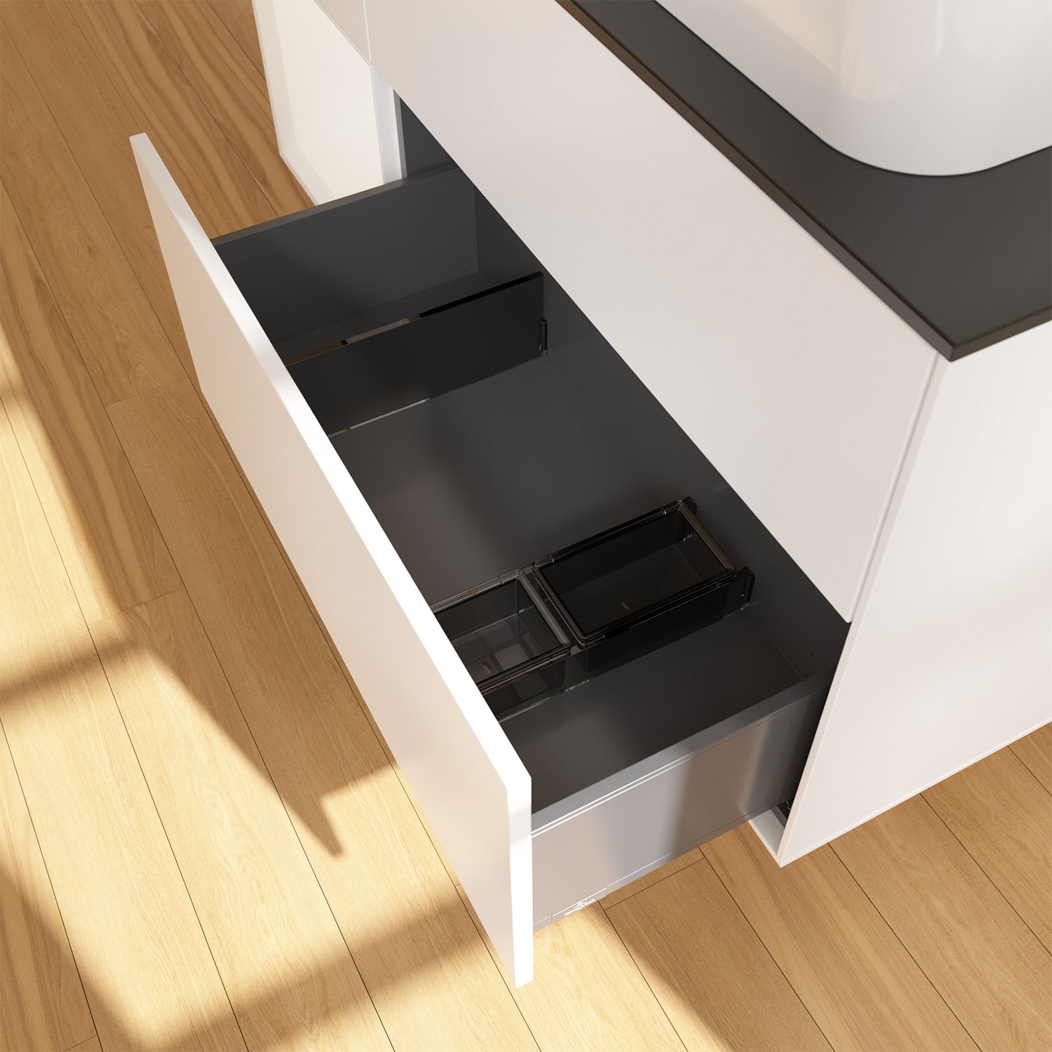 Villeroy & Boch Finion Waschtischunterschrank 120 cm mit Regalelement links und Abdeckplatte, mit Wandbeleuchtung