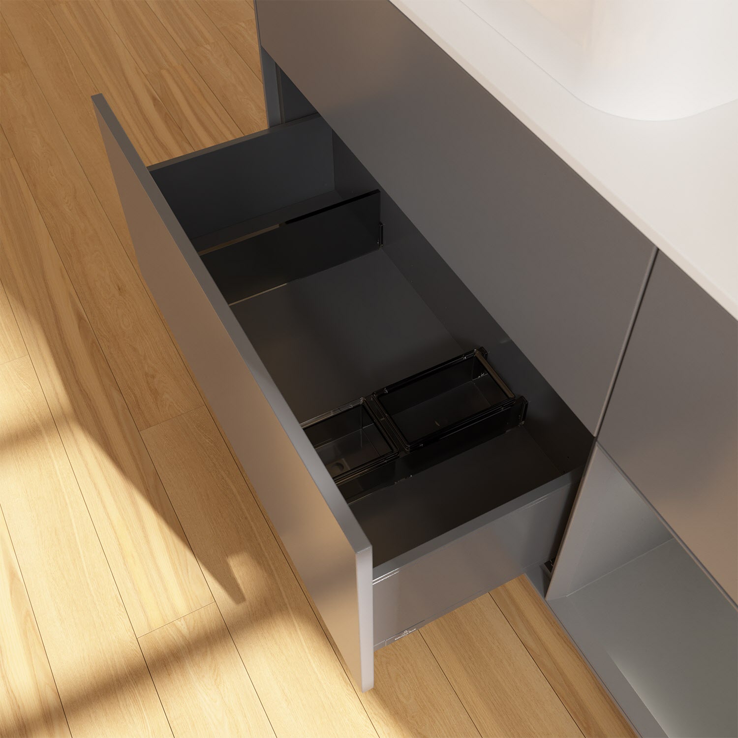 Villeroy & Boch Finion Waschtischunterschrank 120 cm mit Regalelement rechts und Abdeckplatte, mit Wandbeleuchtung