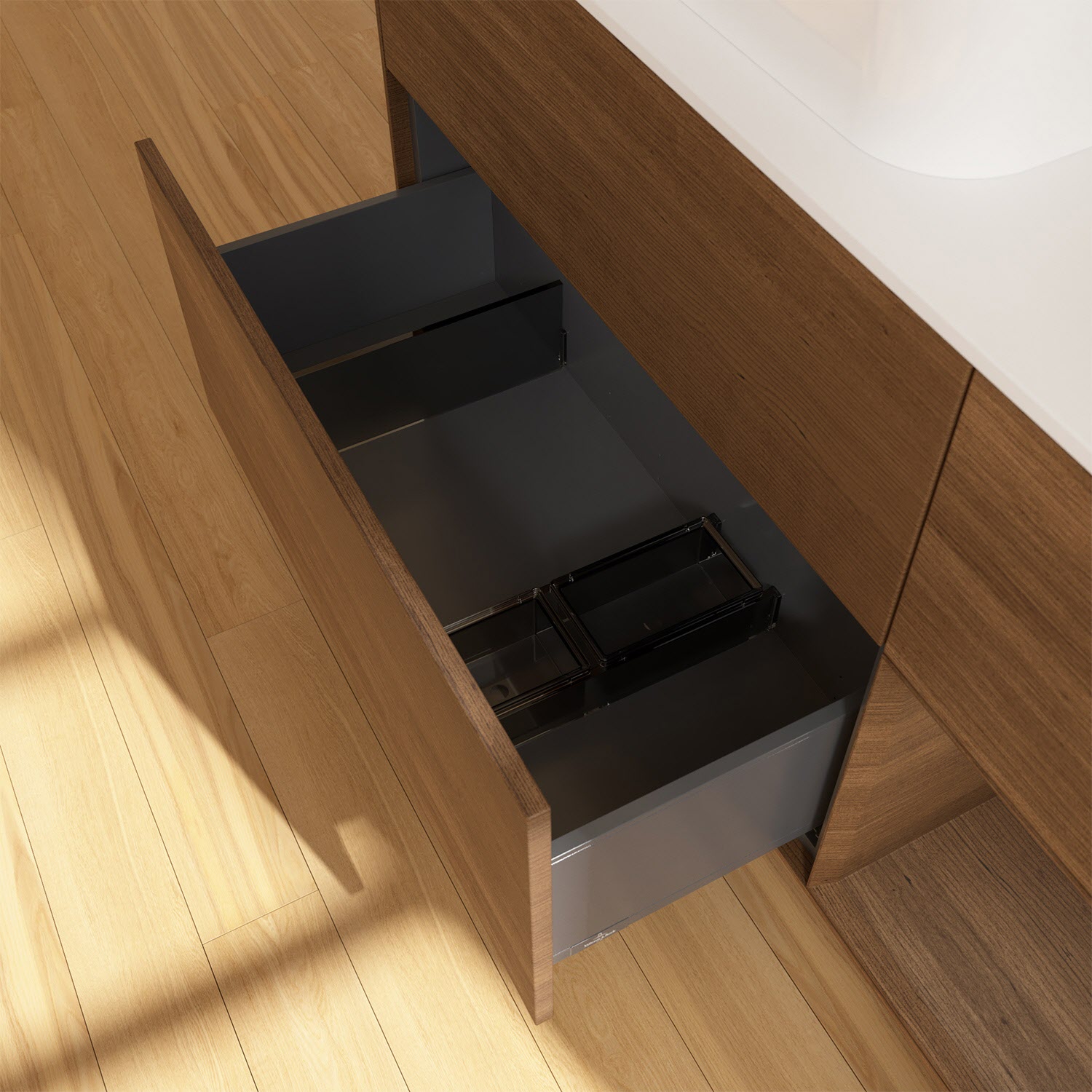 Villeroy & Boch Finion Waschtischunterschrank 120 cm mit Regalelement rechts und Abdeckplatte, mit Wandbeleuchtung