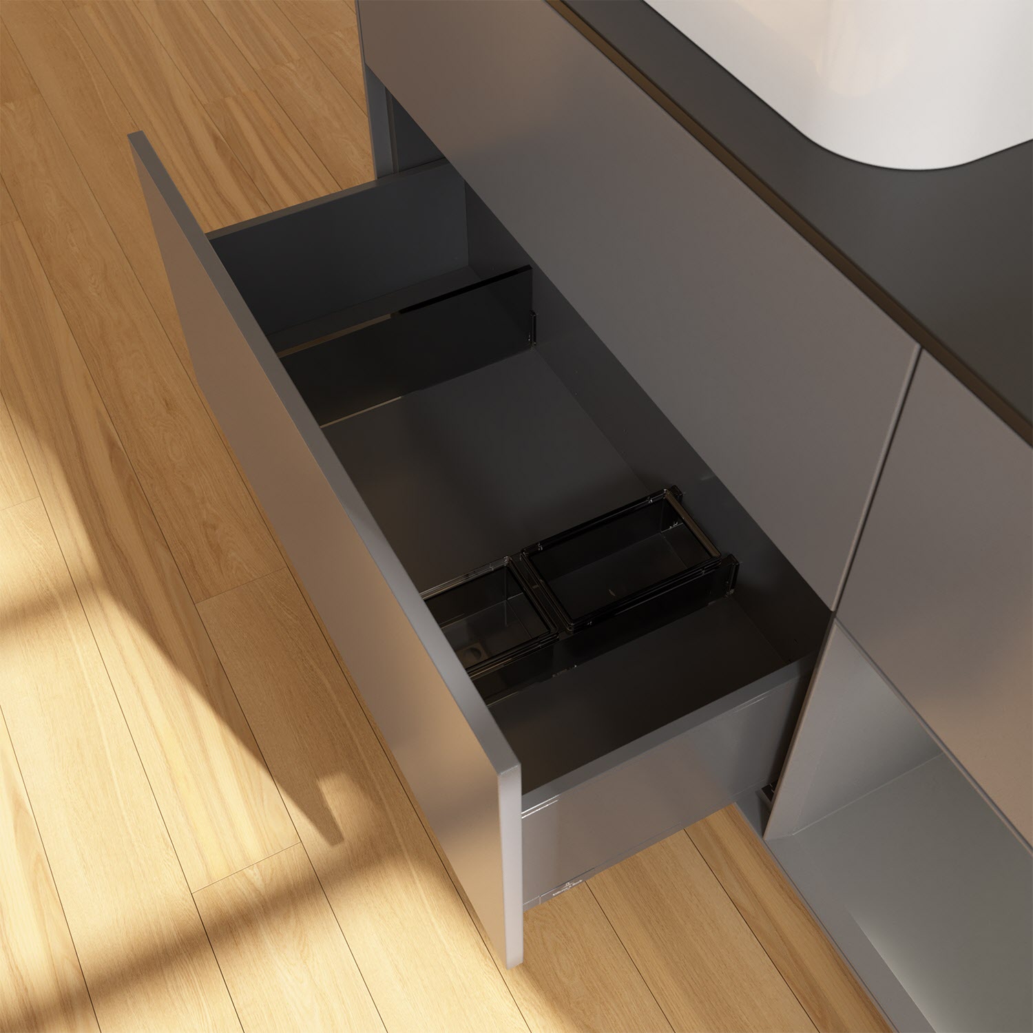 Villeroy & Boch Finion Waschtischunterschrank 120 cm mit Regalelement rechts und Abdeckplatte, mit Wandbeleuchtung